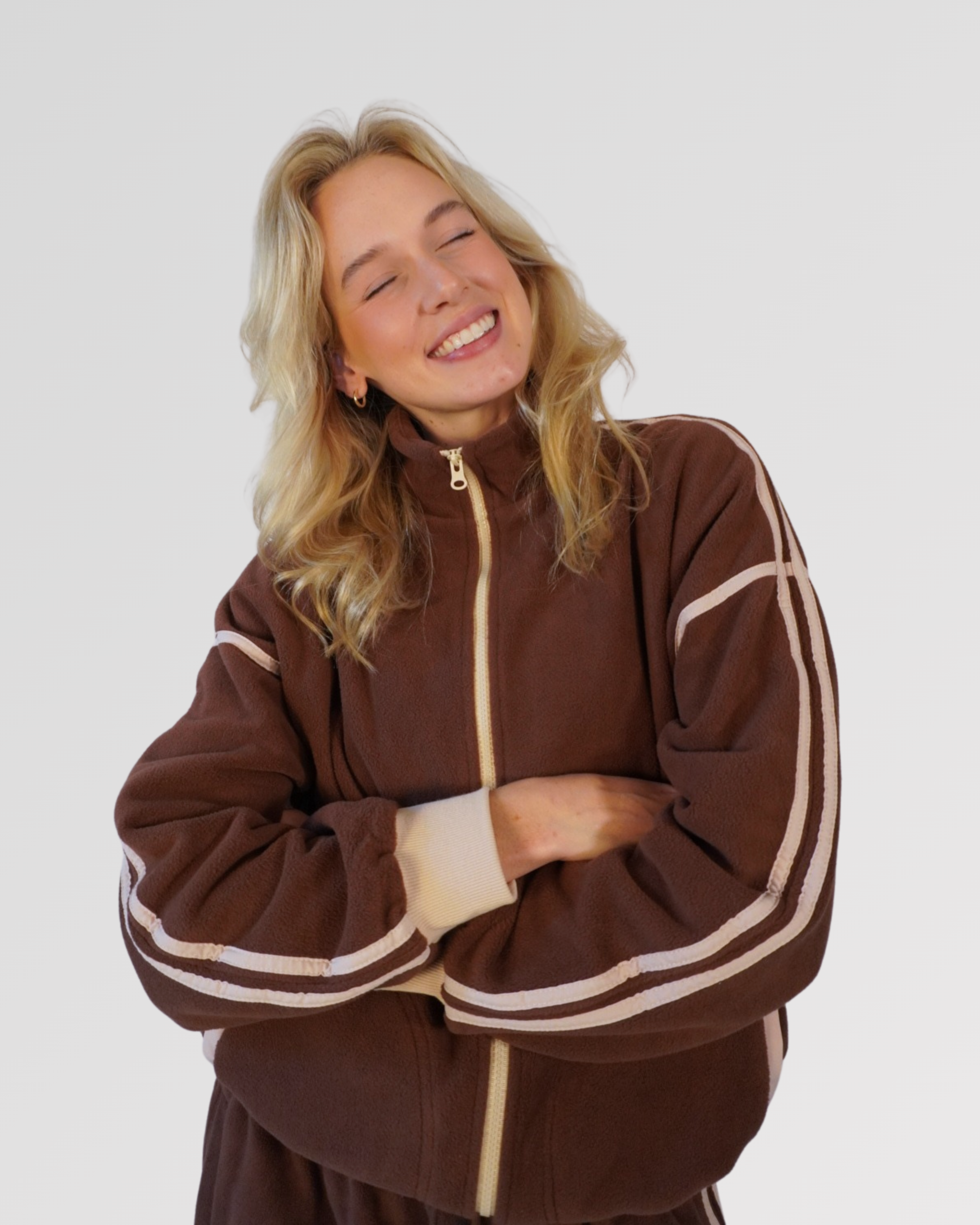 Brown fleece zip-up with signature stripe detail