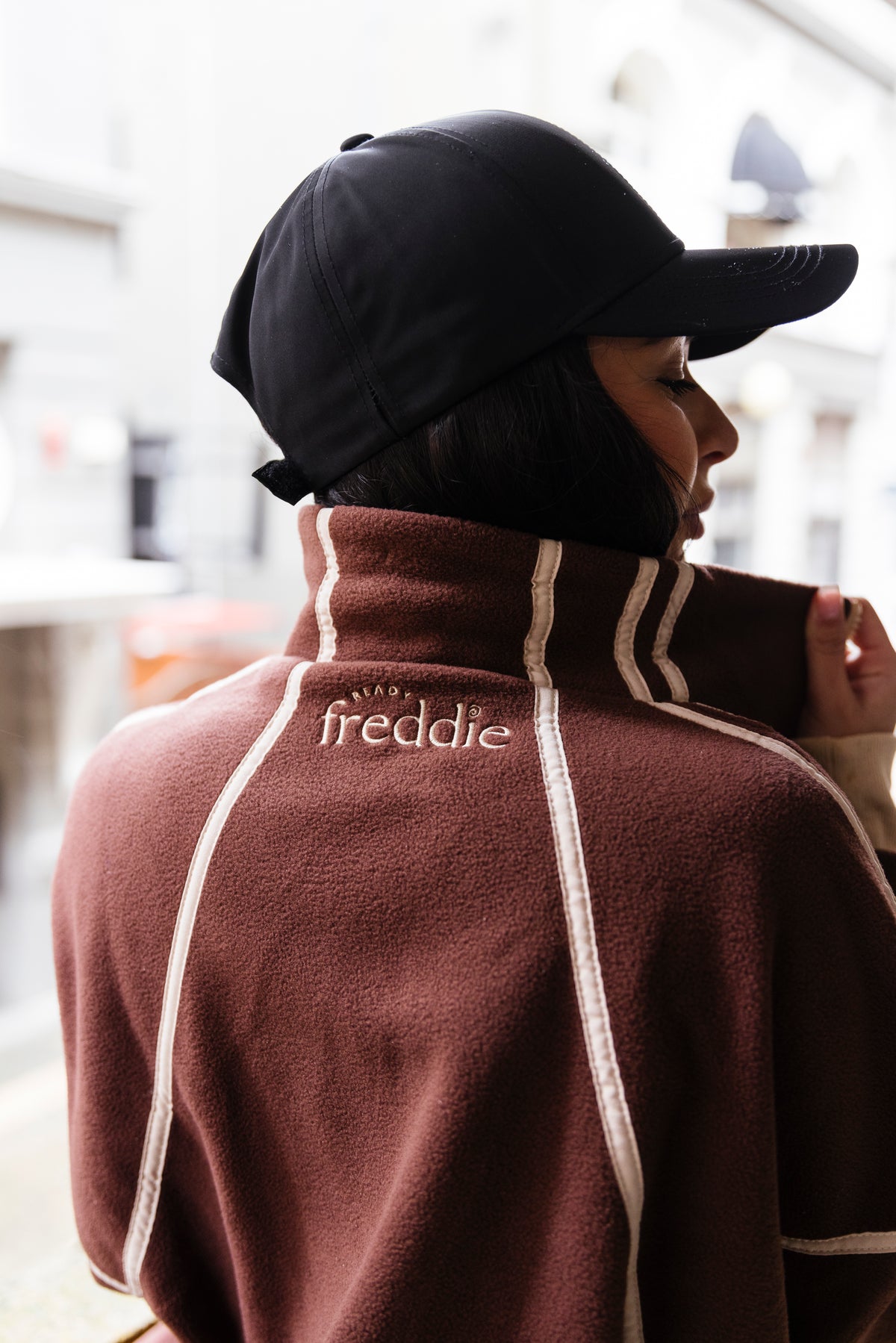 Brown polar fleece zip-up jacket with side pockets