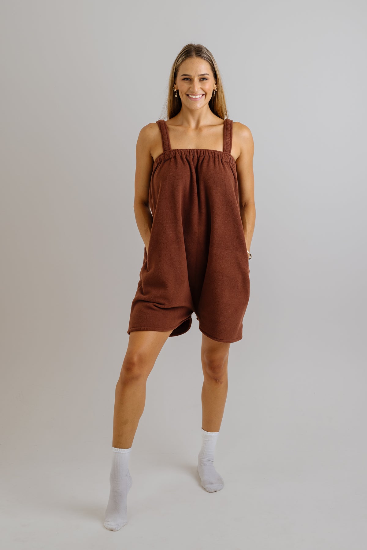 Cosy coffee bean brown short polar fleece one piece