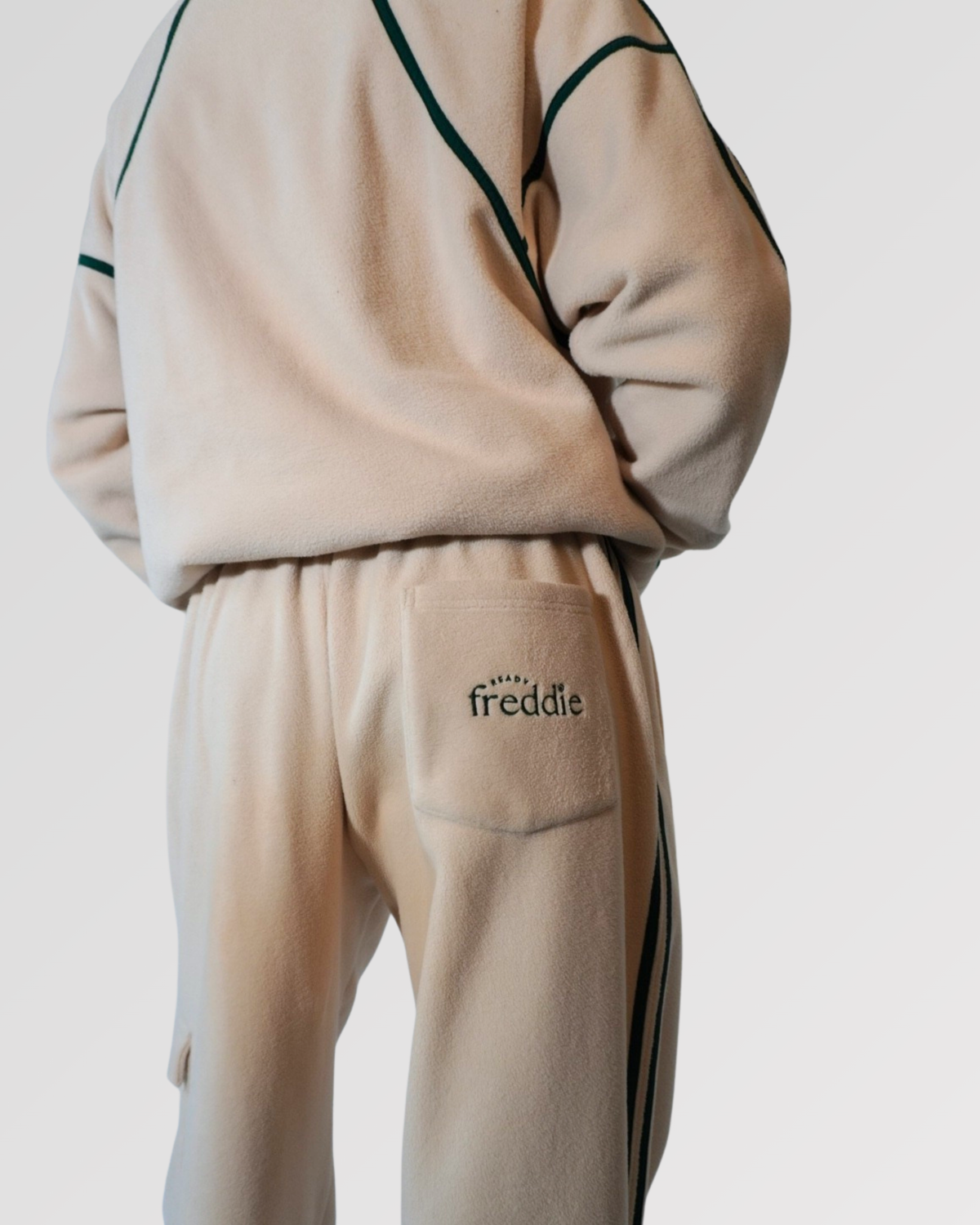 Cream track pants in short and long lengths, S/M and L/XL