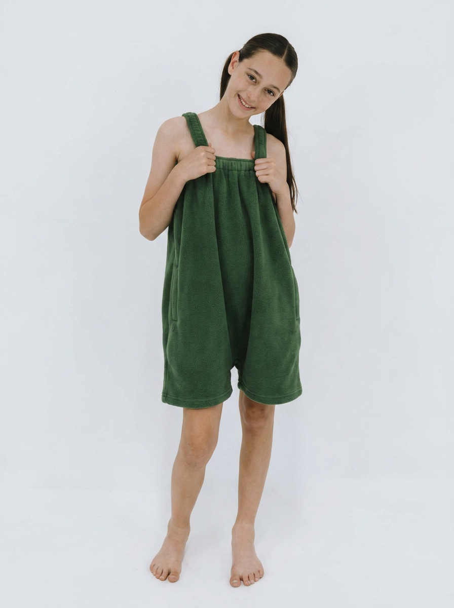 Dark green kids one piece jumpsuit in soft polar fleece