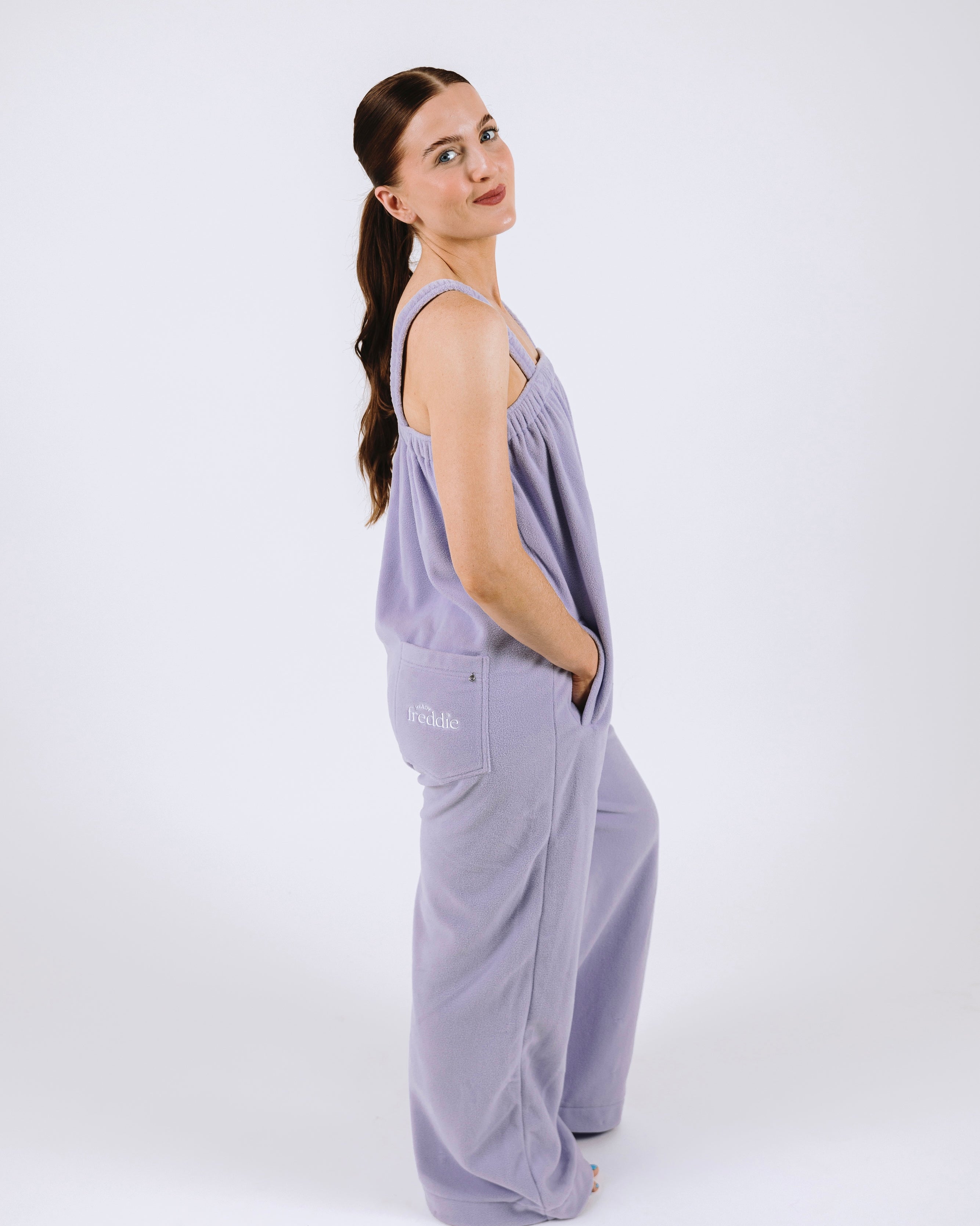 Lilac purple long onesie in 100% polyester polar fleece