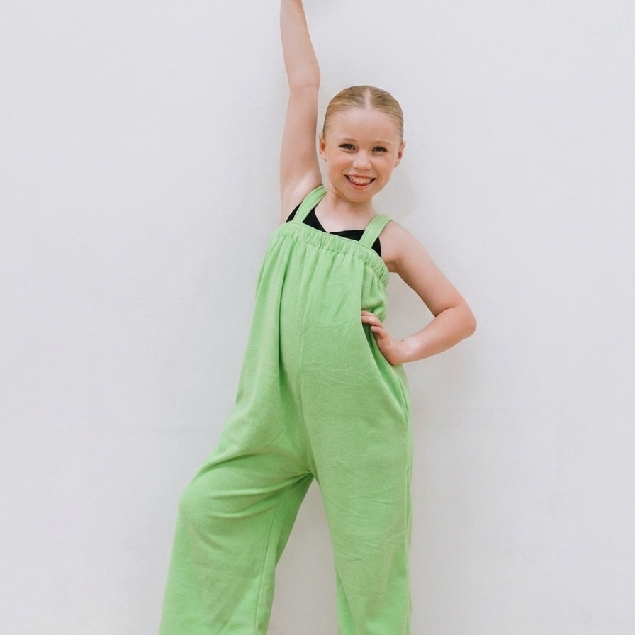 Lime green kids onesie in 100% polyester polar fleece