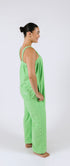 Lime green long fleece onesie for getting ready