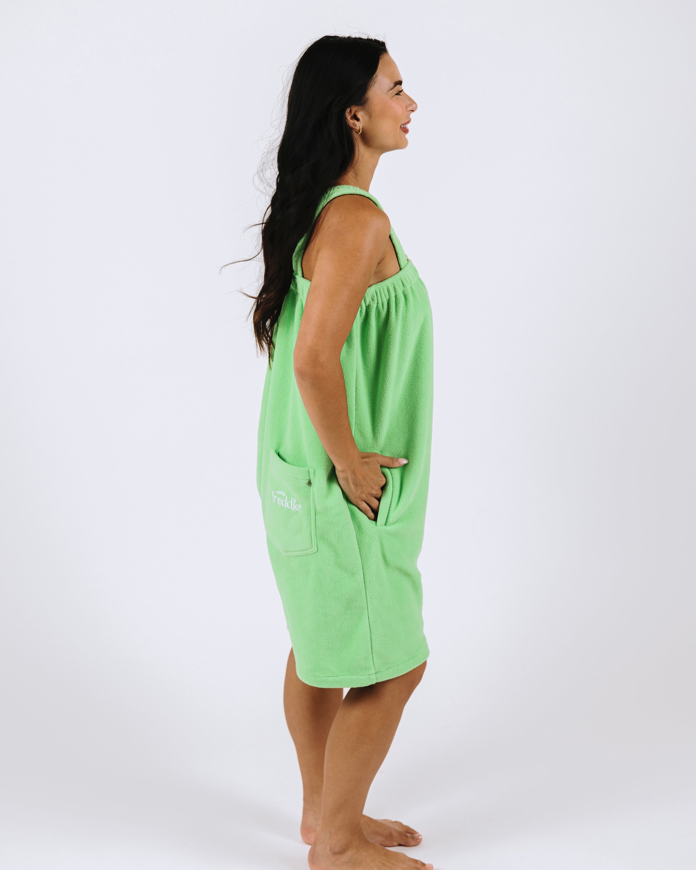 Lime green short onesie in 100% polyester polar fleece