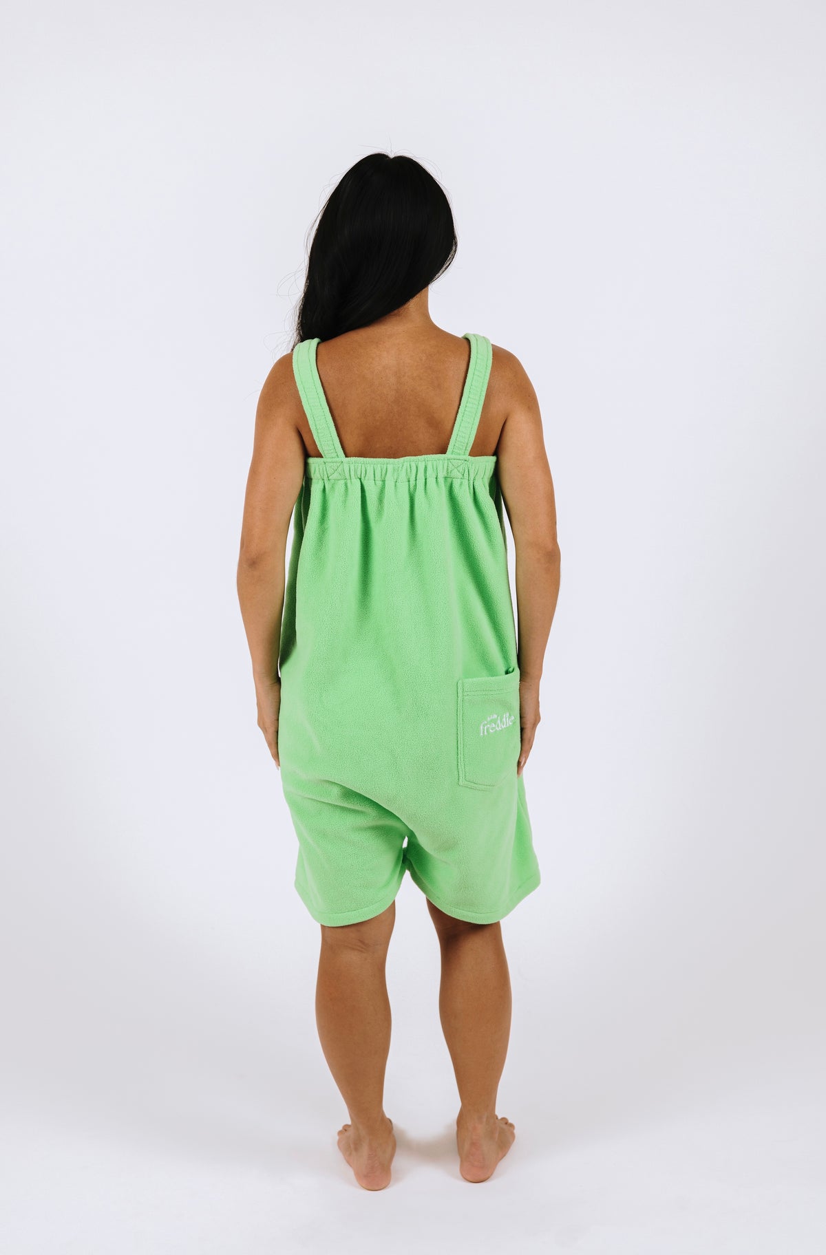 Lime green short fleece onesie for getting ready