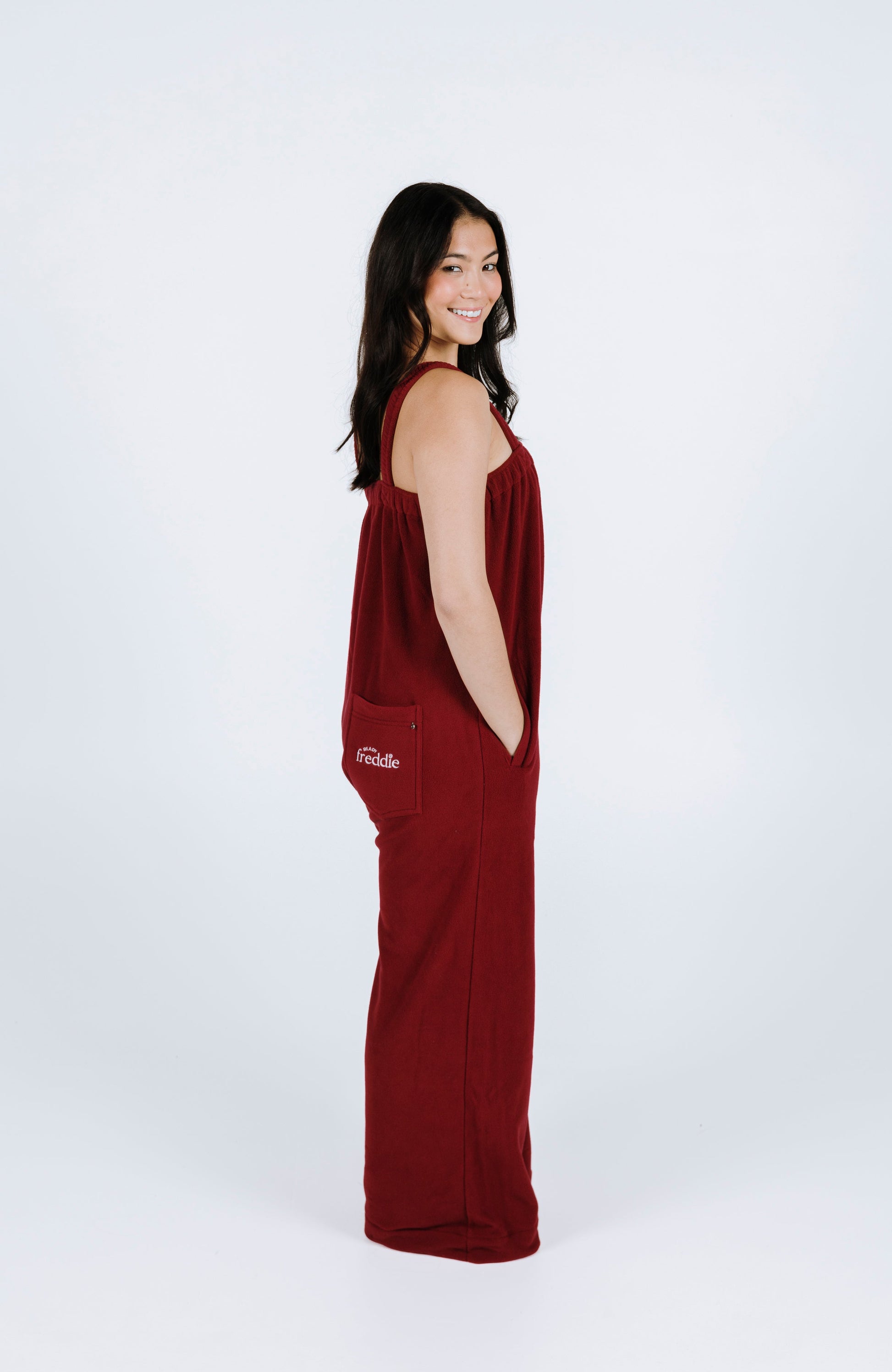 Maroon red long fleece onesie for getting ready