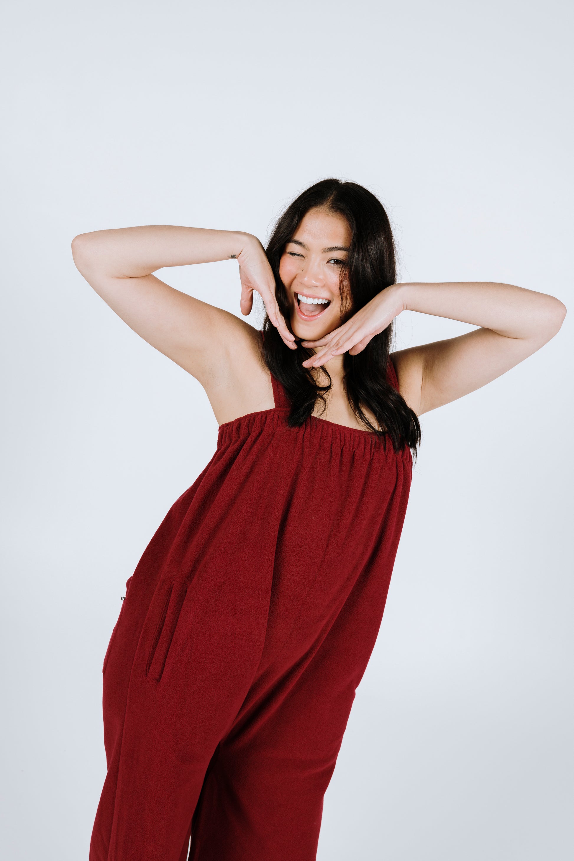 Cosy maroon red long polar fleece one piece