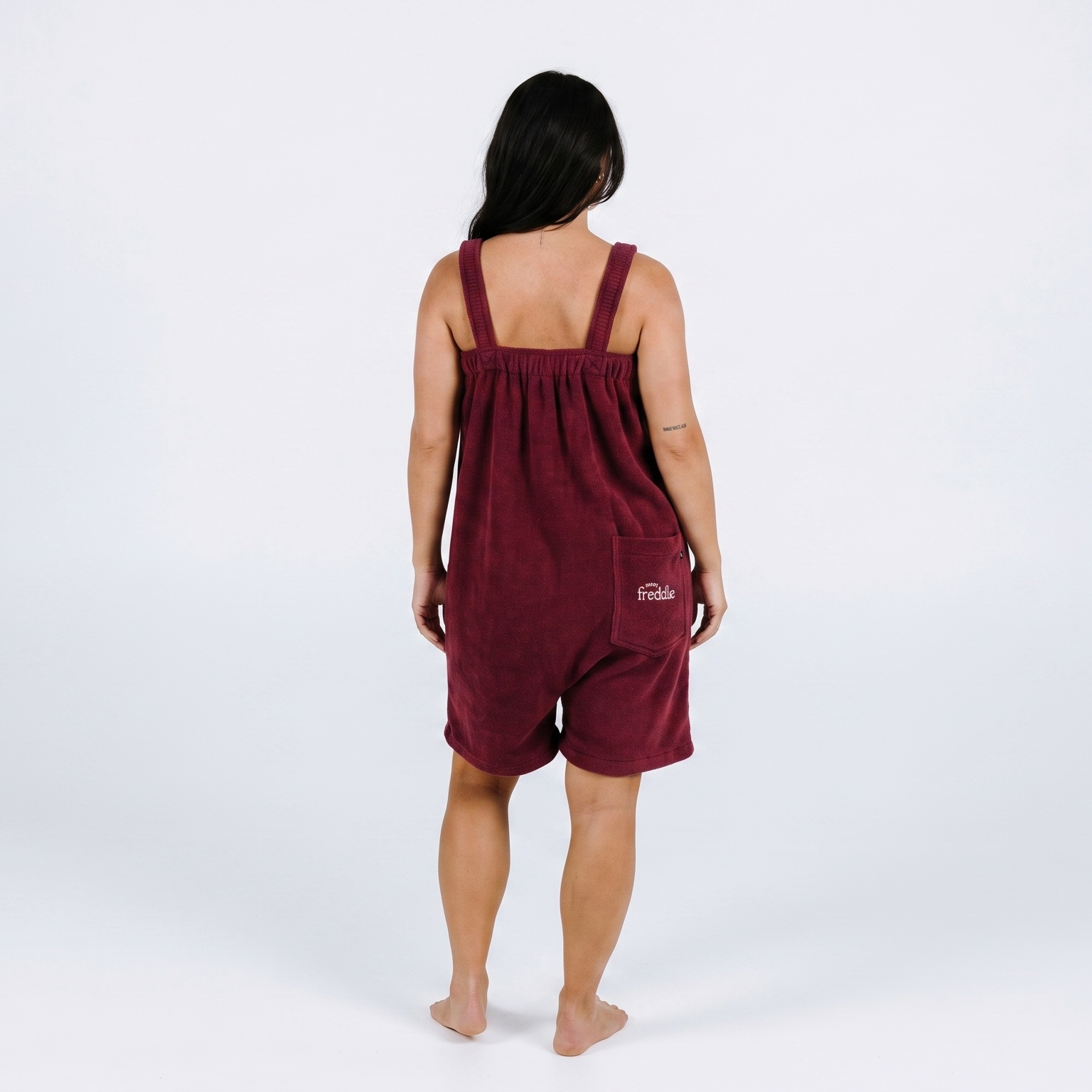 Maroon red short fleece onesie for getting ready