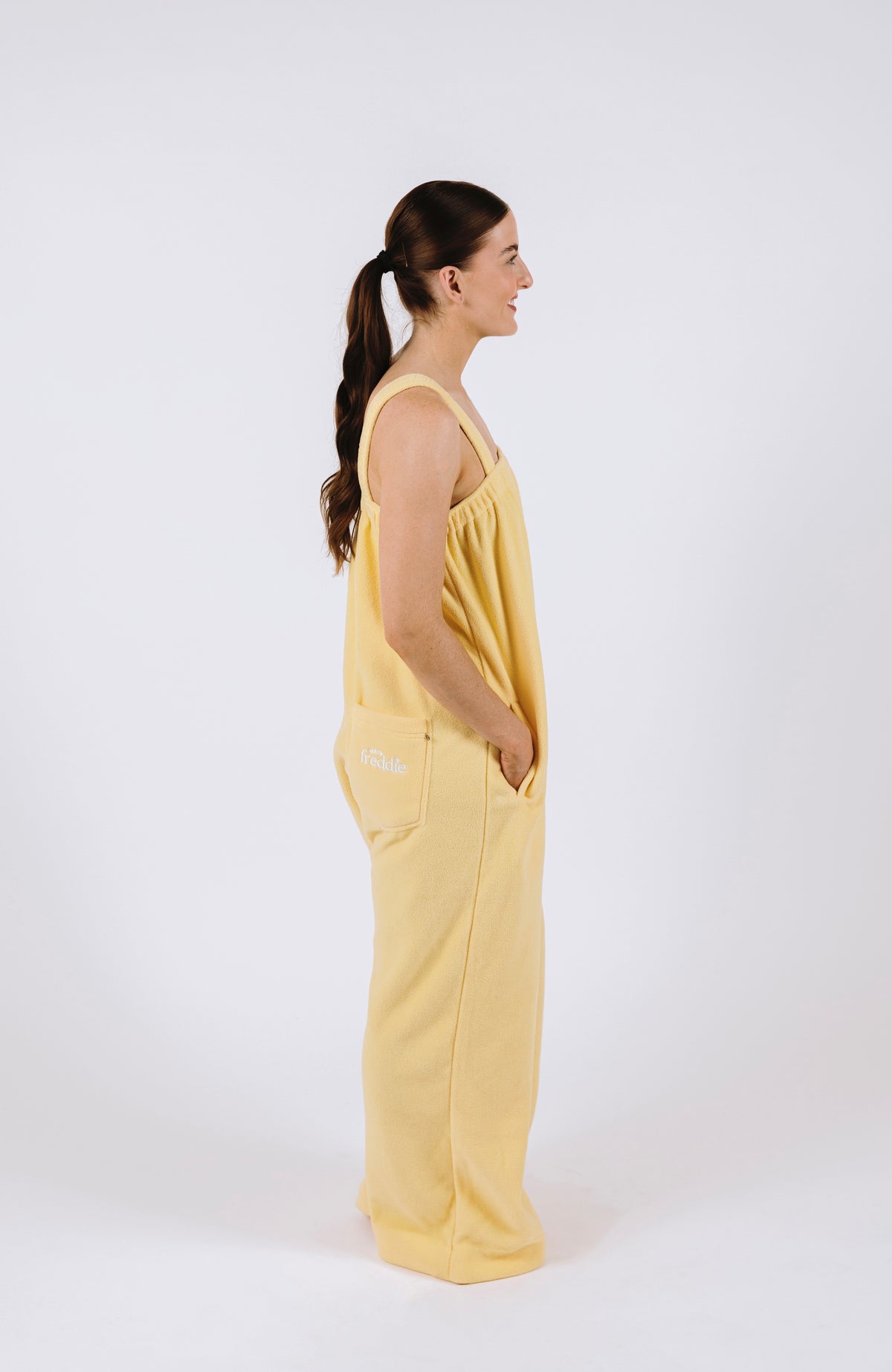 Mellow yellow long onesie in 100% polyester polar fleece