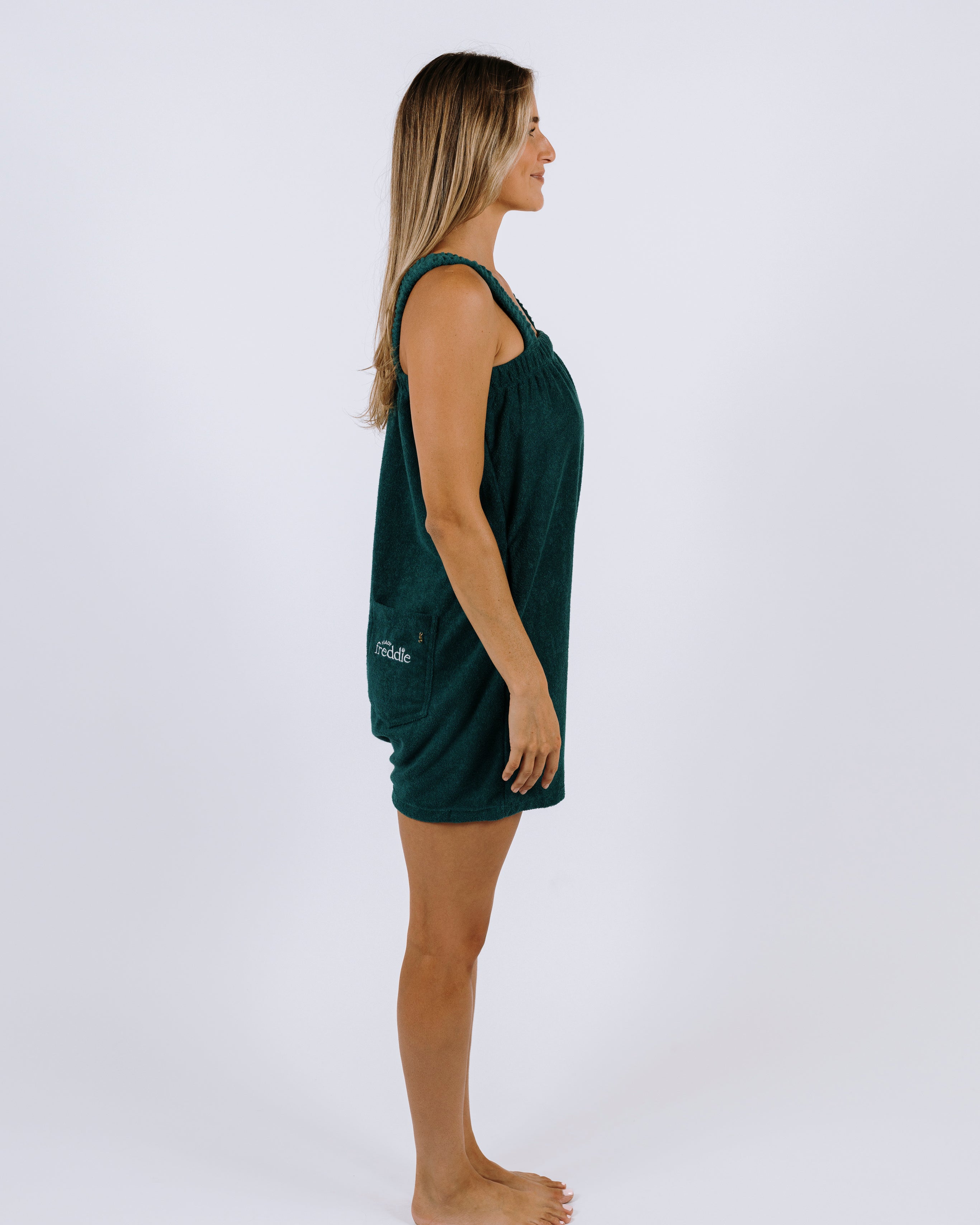 Teal green terry towelling onesie for after the shower