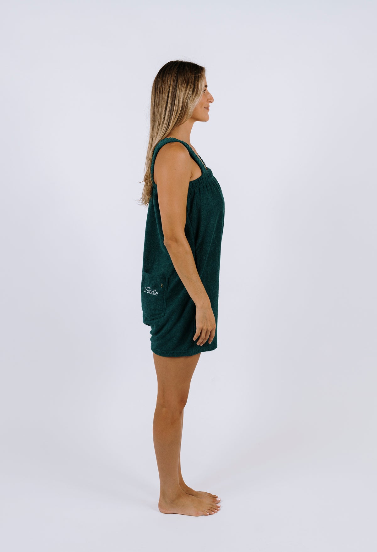 Teal green terry towelling onesie for after the shower