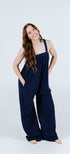 Navy blue long fleece onesie for getting ready