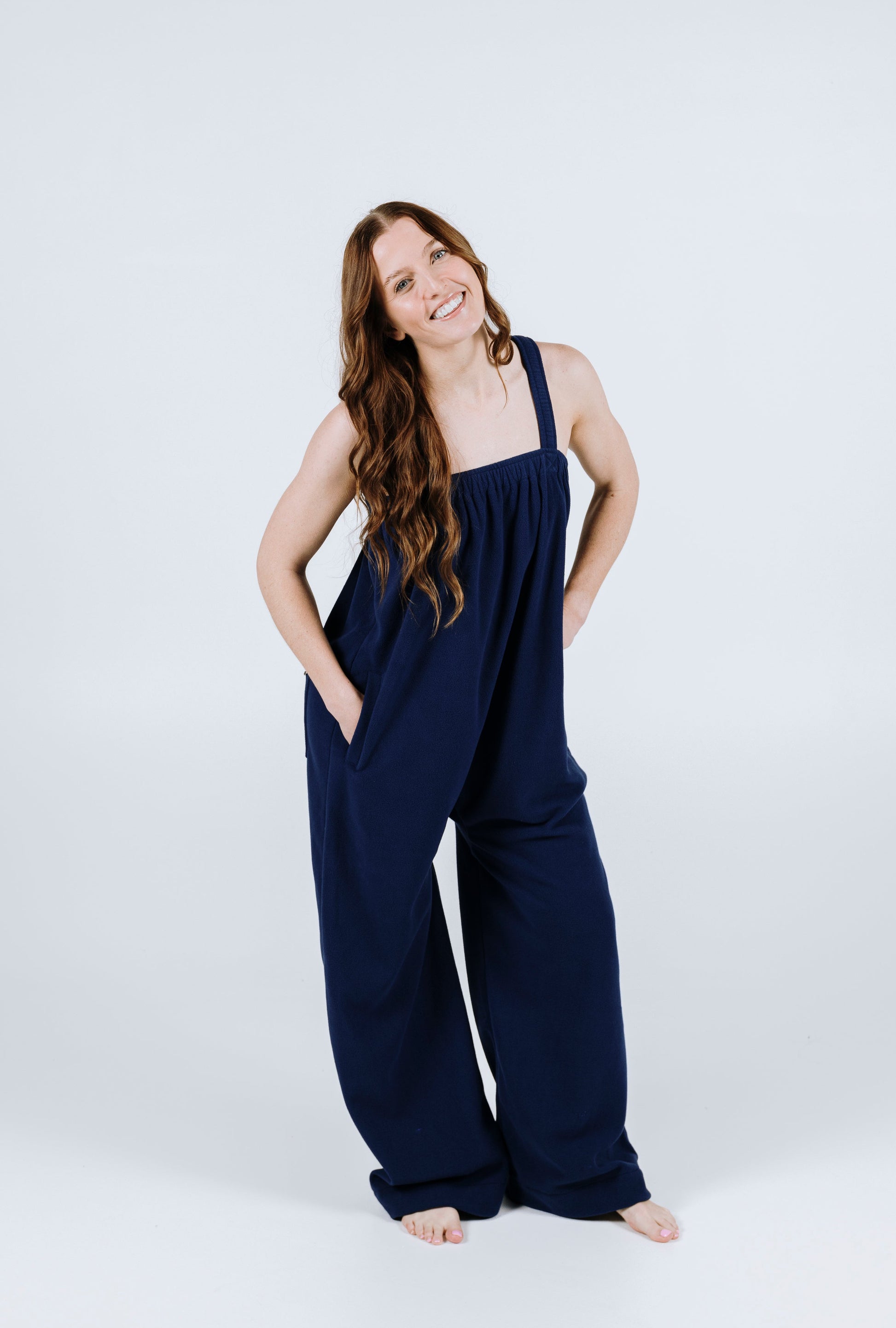 Navy blue long fleece onesie for getting ready