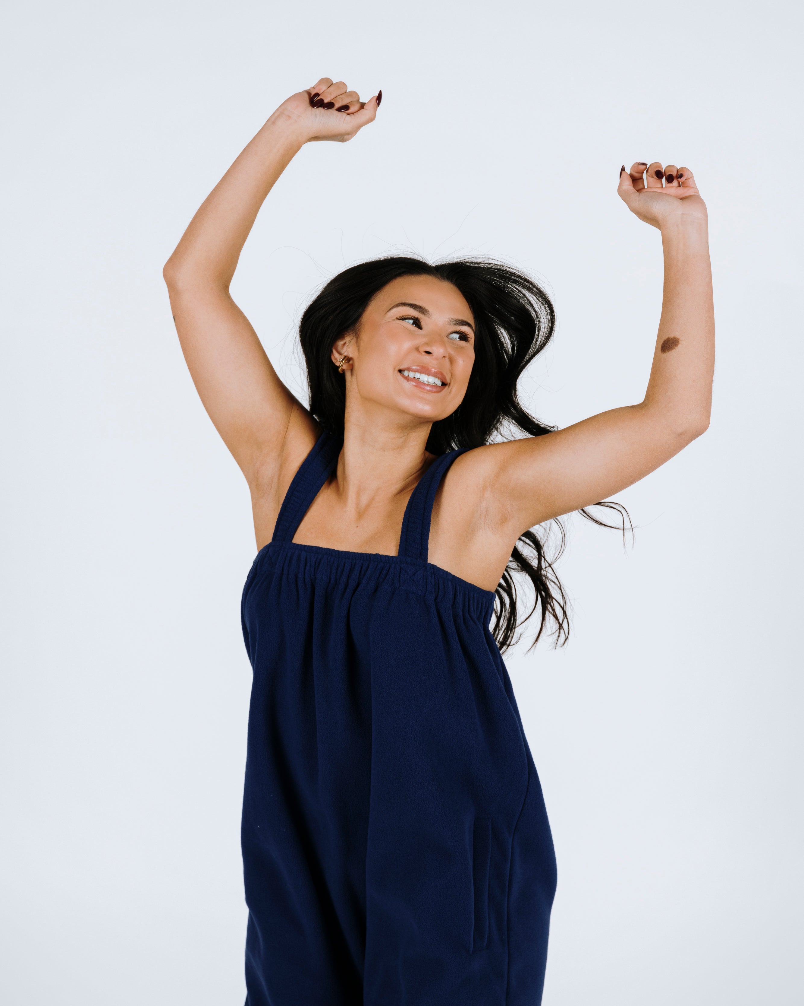 Navy blue short onesie in 100% polyester polar fleece