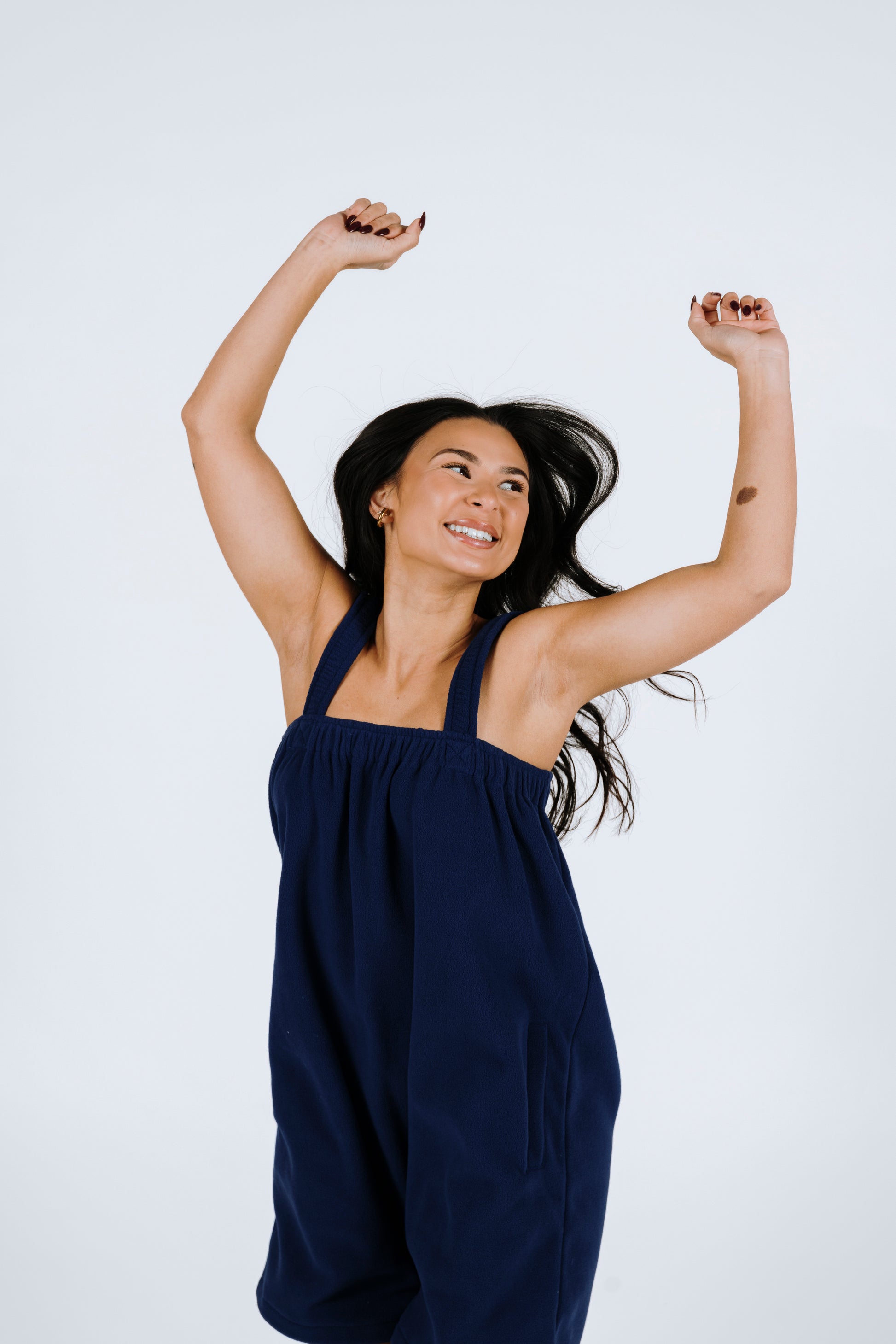 Navy blue short onesie in 100% polyester polar fleece