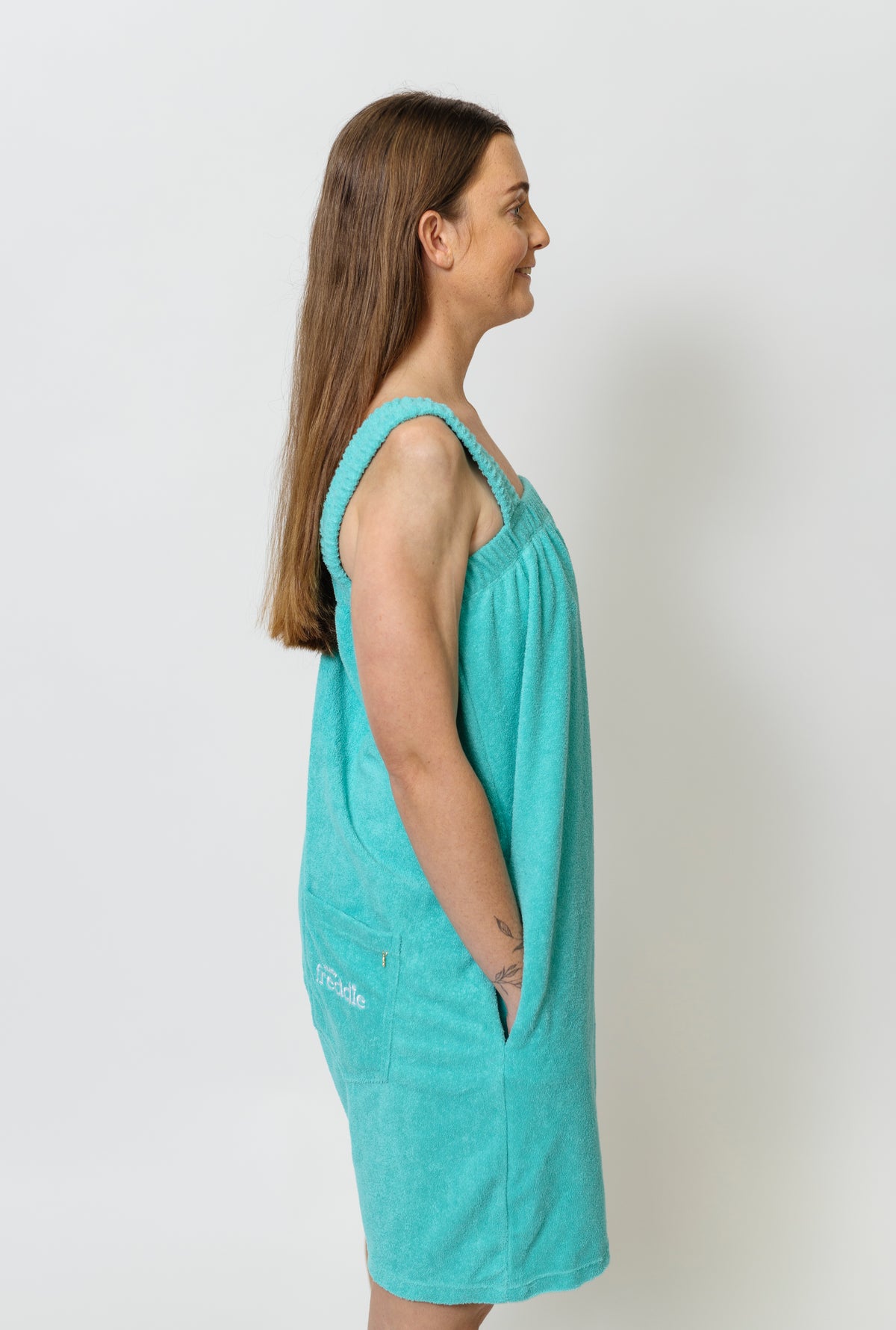 Ocean blue towel onesie in soft terry toweling fabric