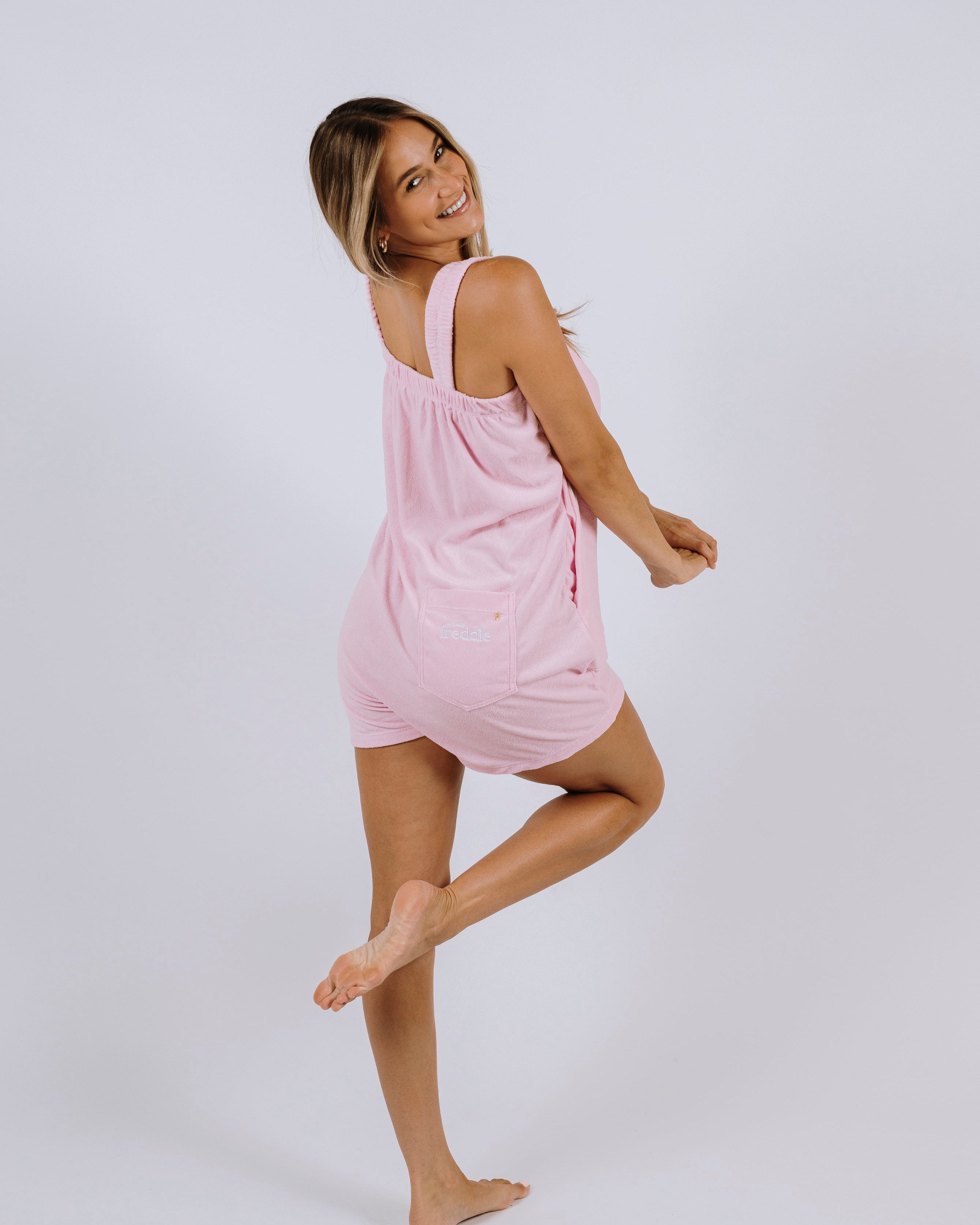 Pearl pink terry towelling onesie for after the shower