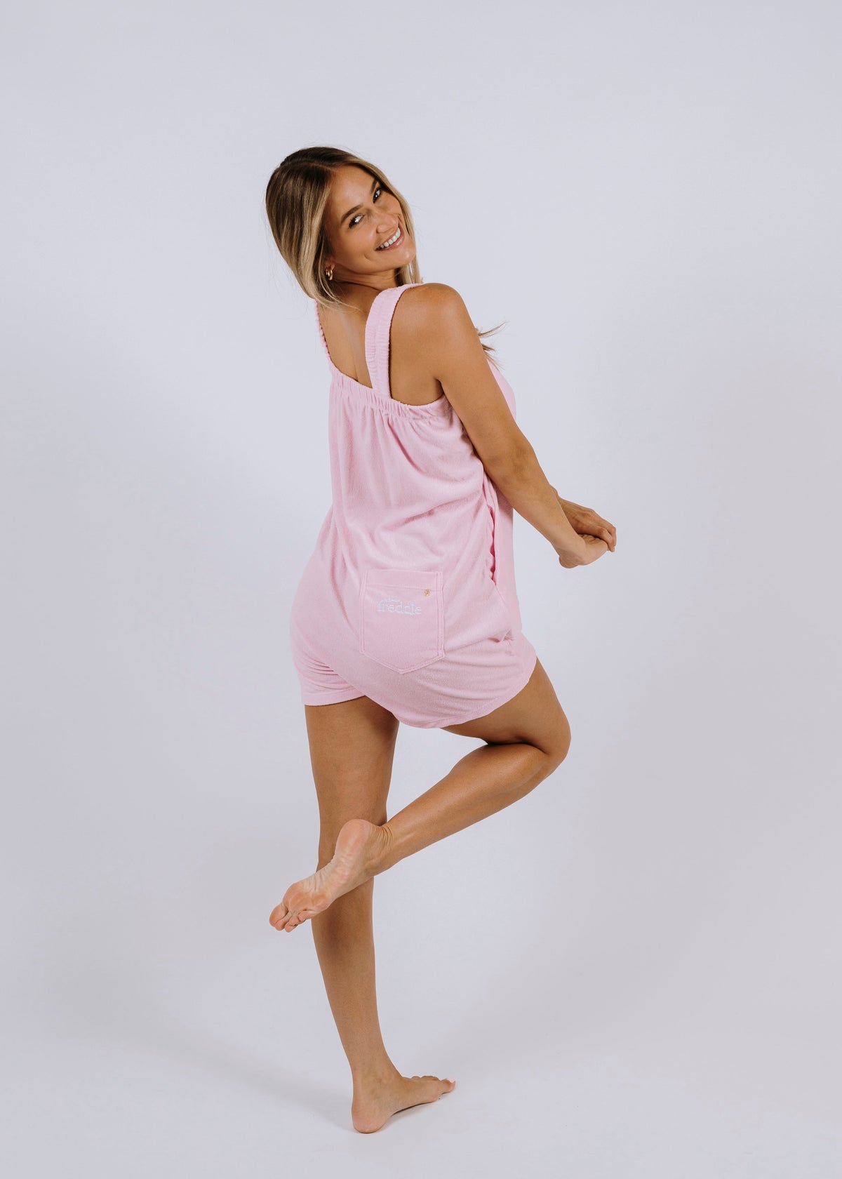Pearl pink terry towelling onesie for after the shower