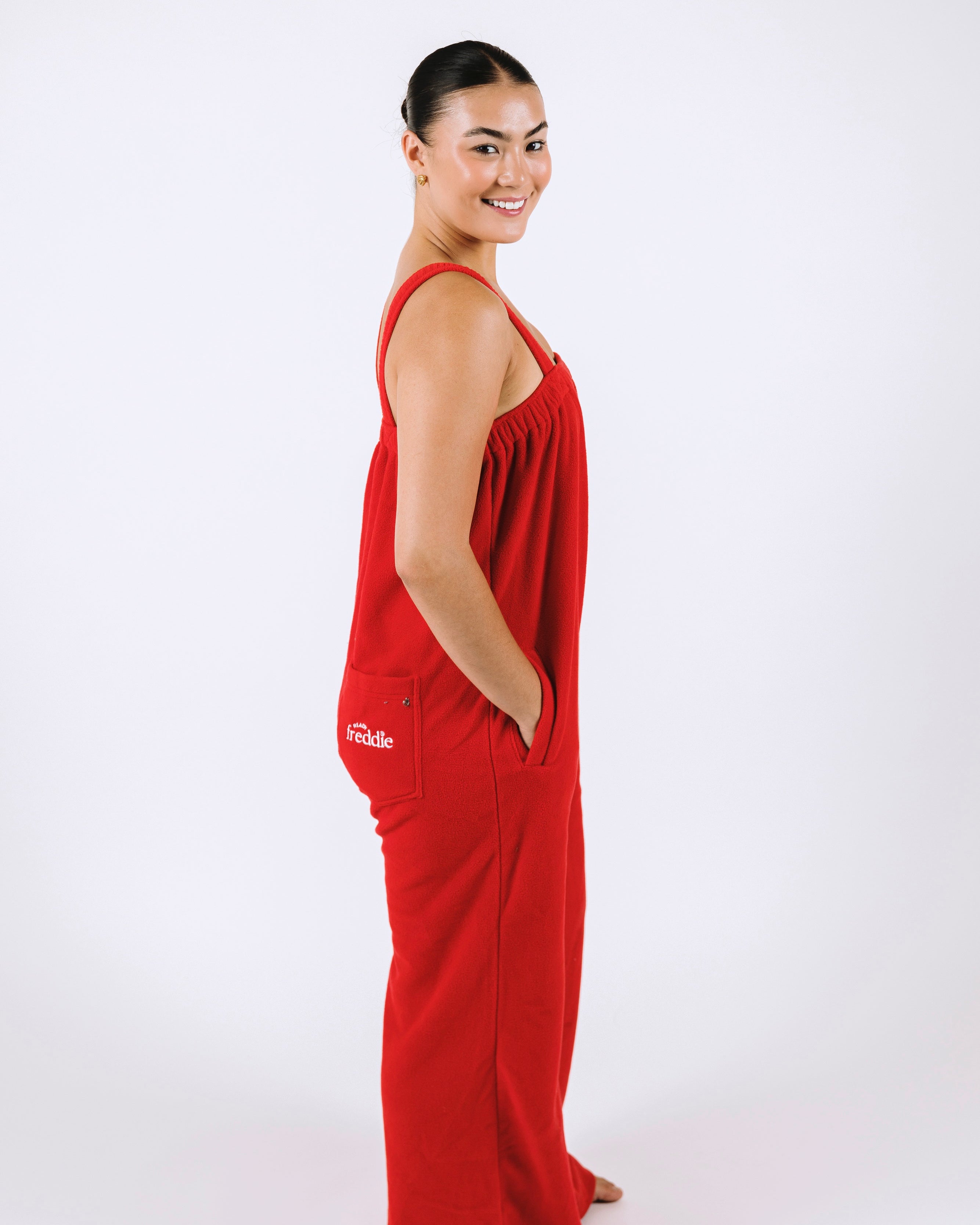 Red long onesie in 100% polyester polar fleece