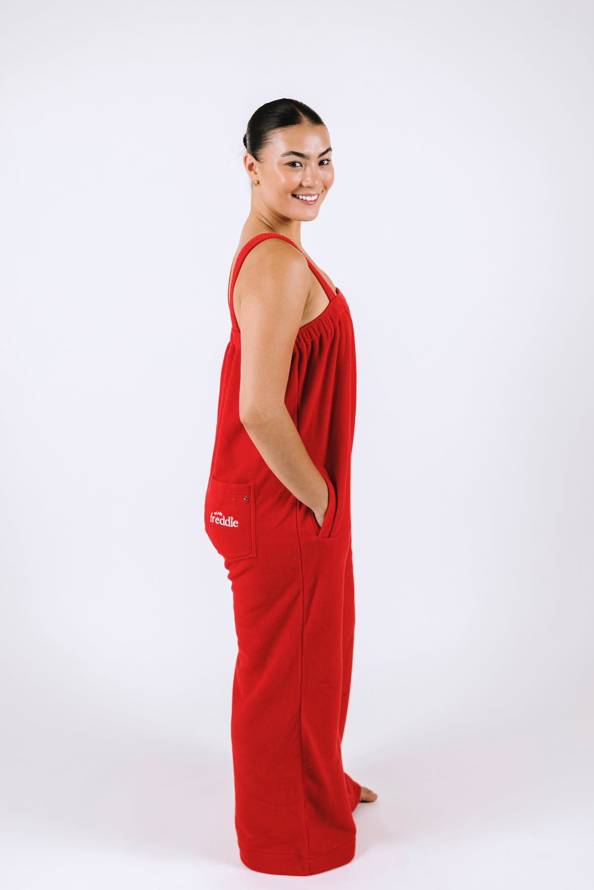 Red long onesie in 100% polyester polar fleece