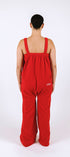 Red long fleece onesie for getting ready