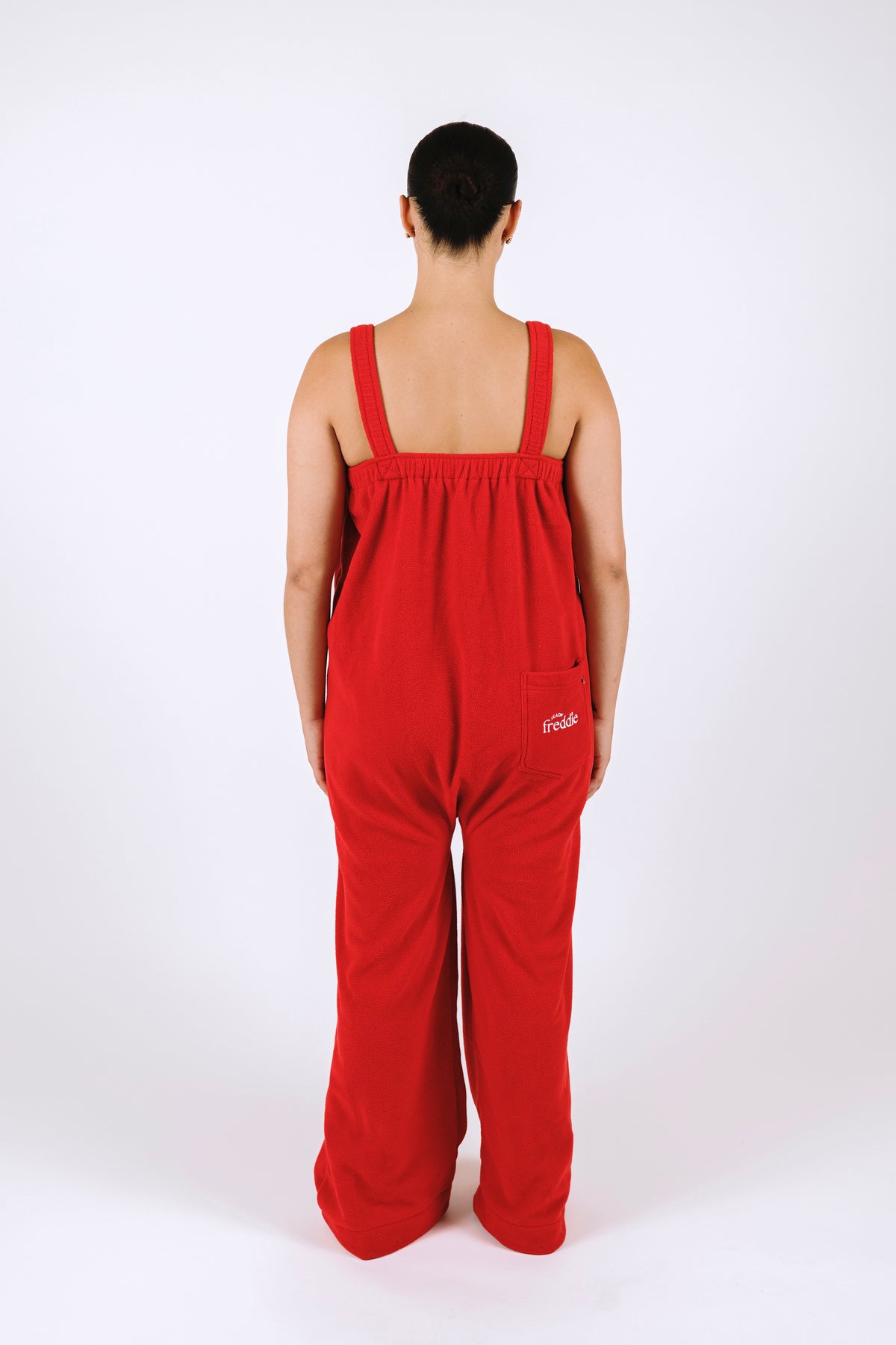 Red long fleece onesie for getting ready