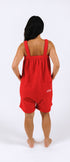 Red short fleece onesie for getting ready