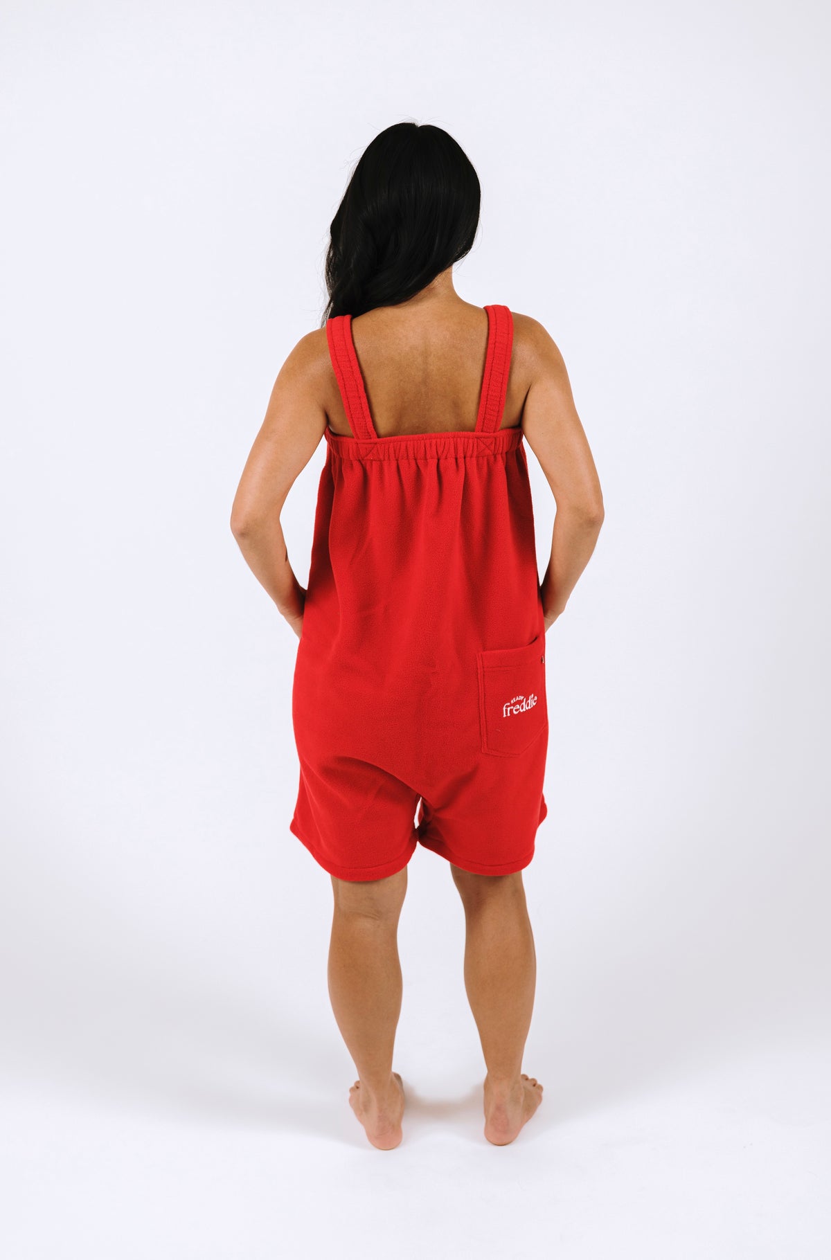 Red short fleece onesie for getting ready