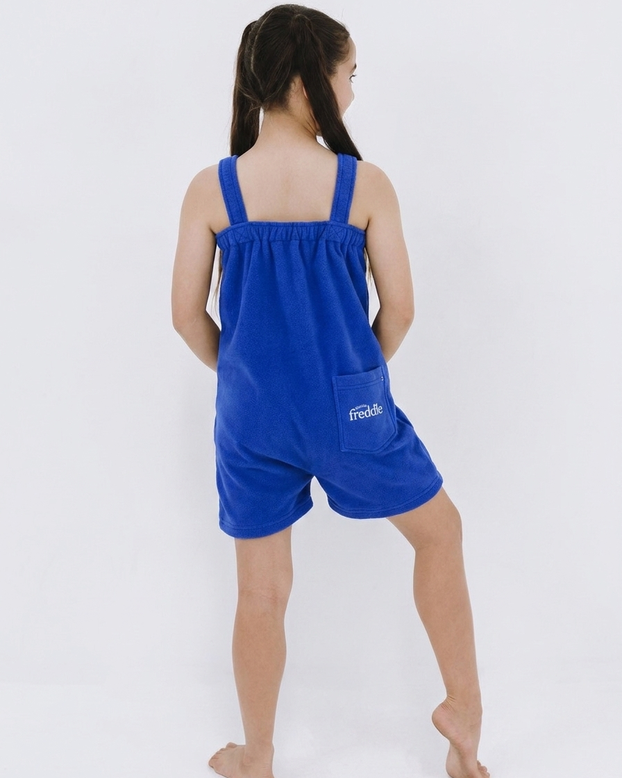 Royal blue kids onesie in 100% polyester polar fleece