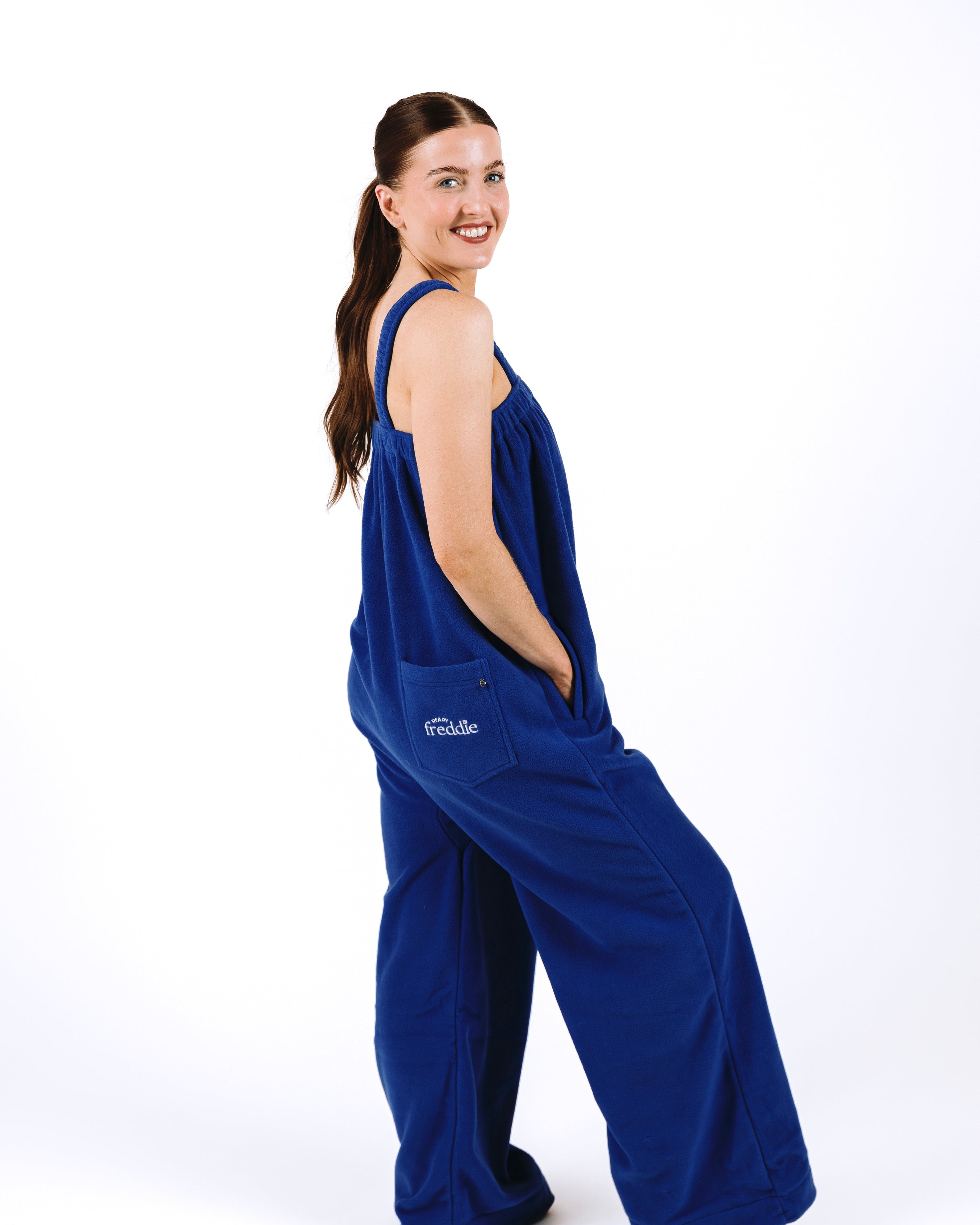 Royal blue long onesie in 100% polyester polar fleece