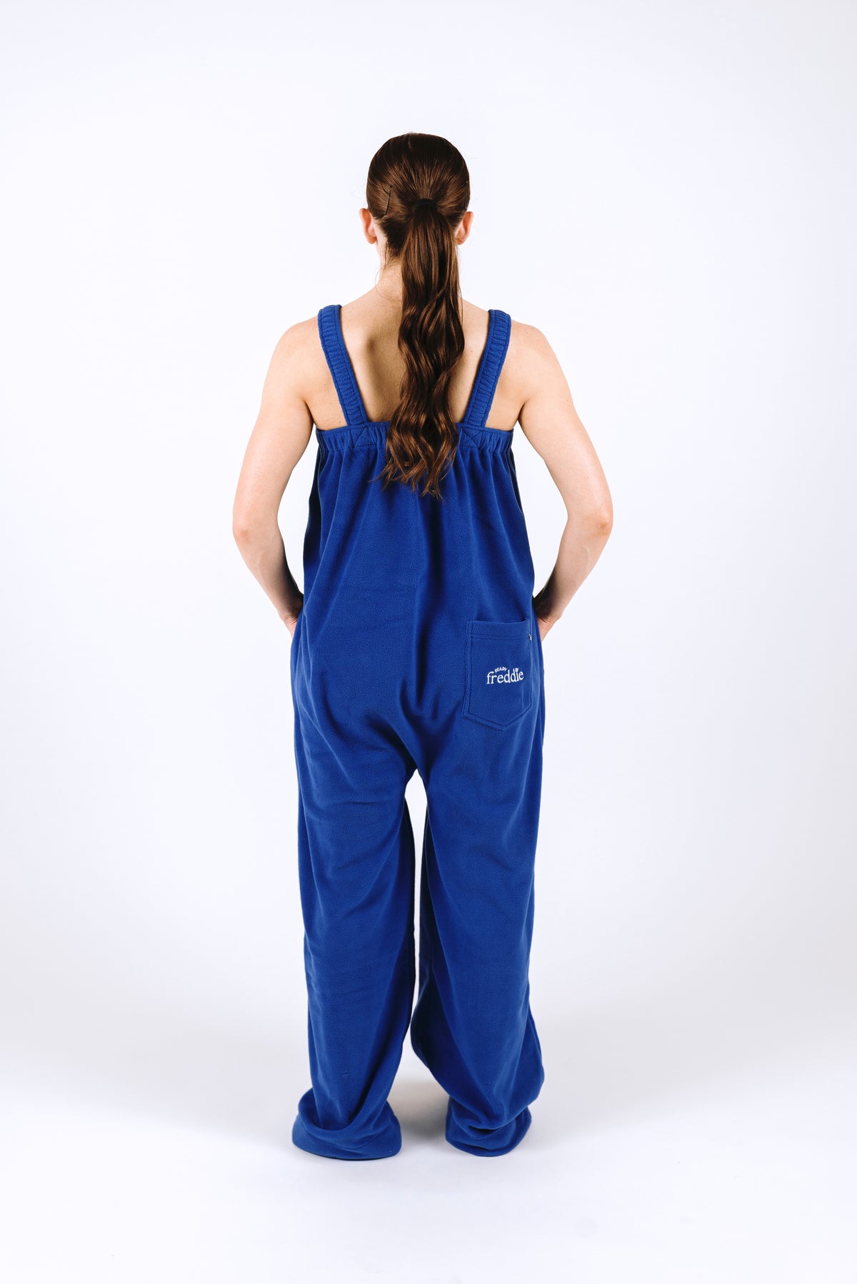 Royal blue long fleece onesie for getting ready