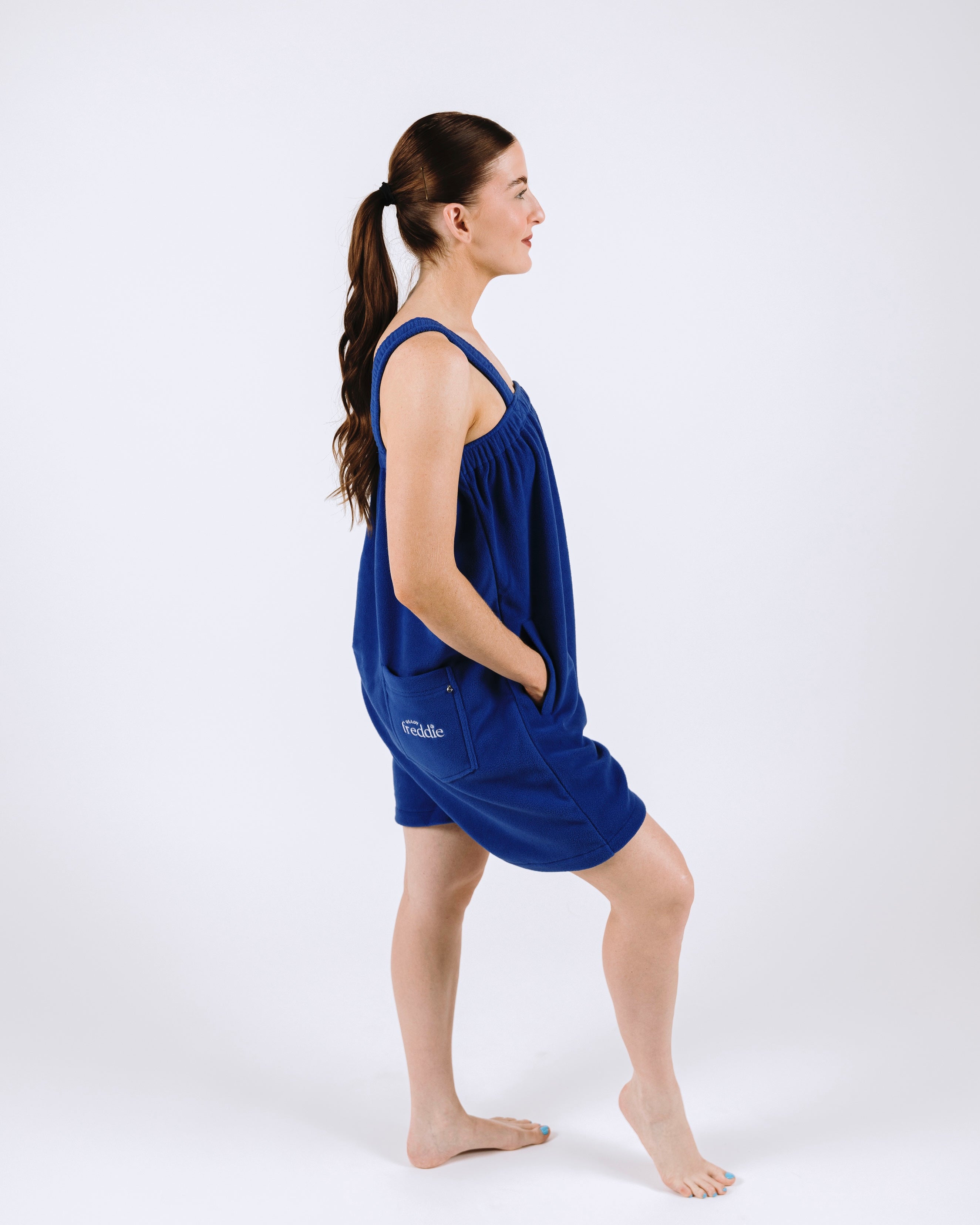 Royal blue short onesie in 100% polyester polar fleece