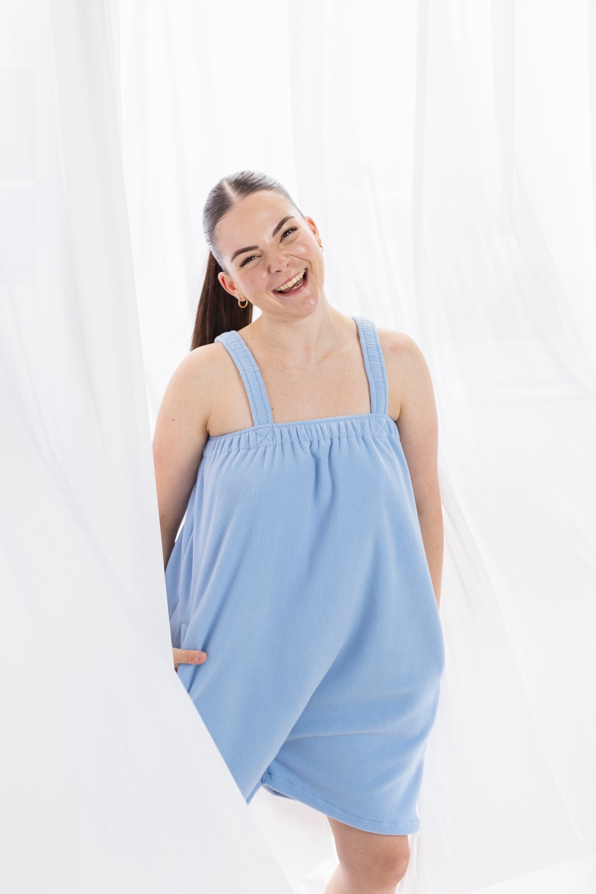 Sky blue short onesie in 100% polyester polar fleece