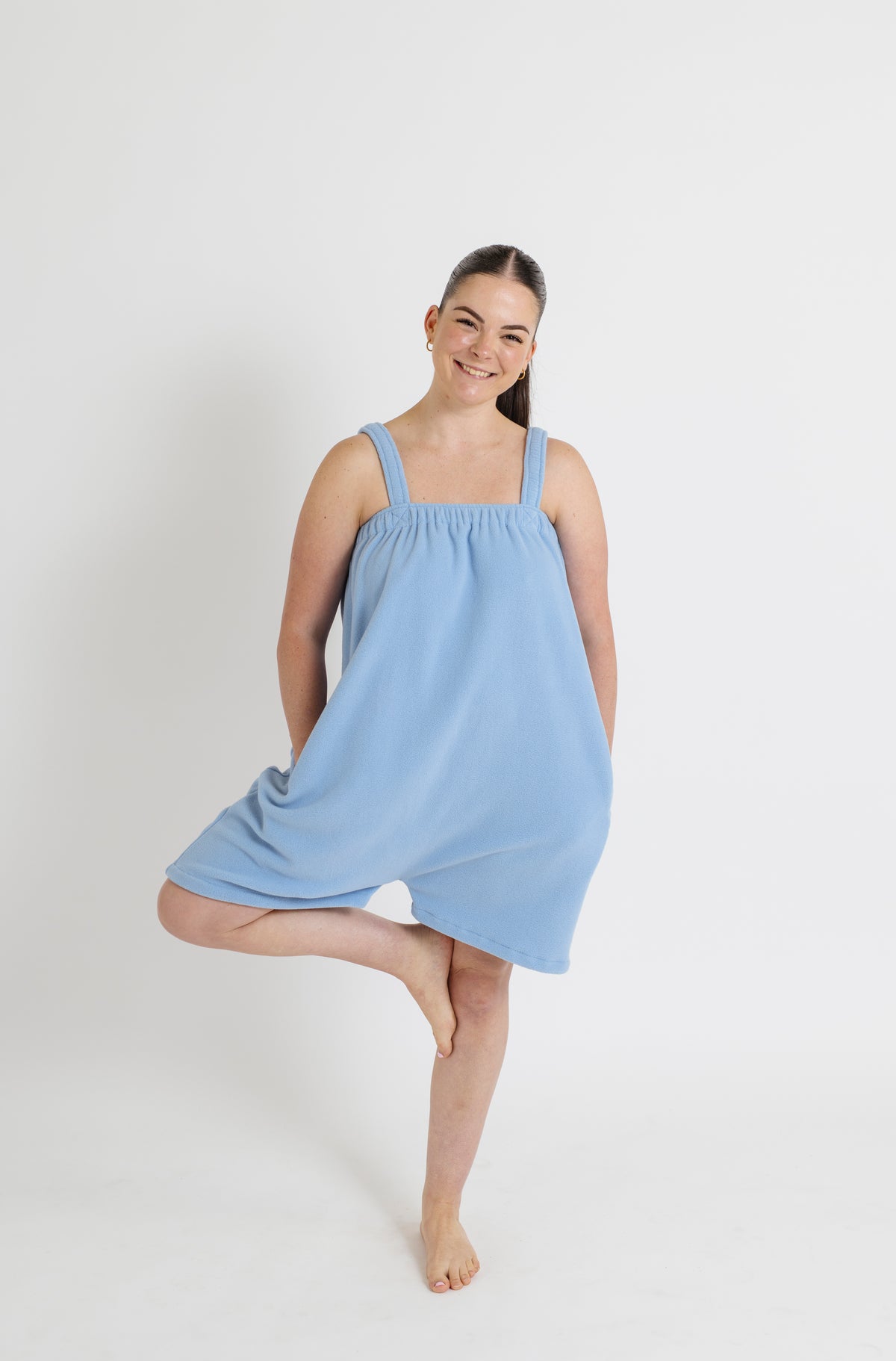 Sky blue short fleece onesie for getting ready