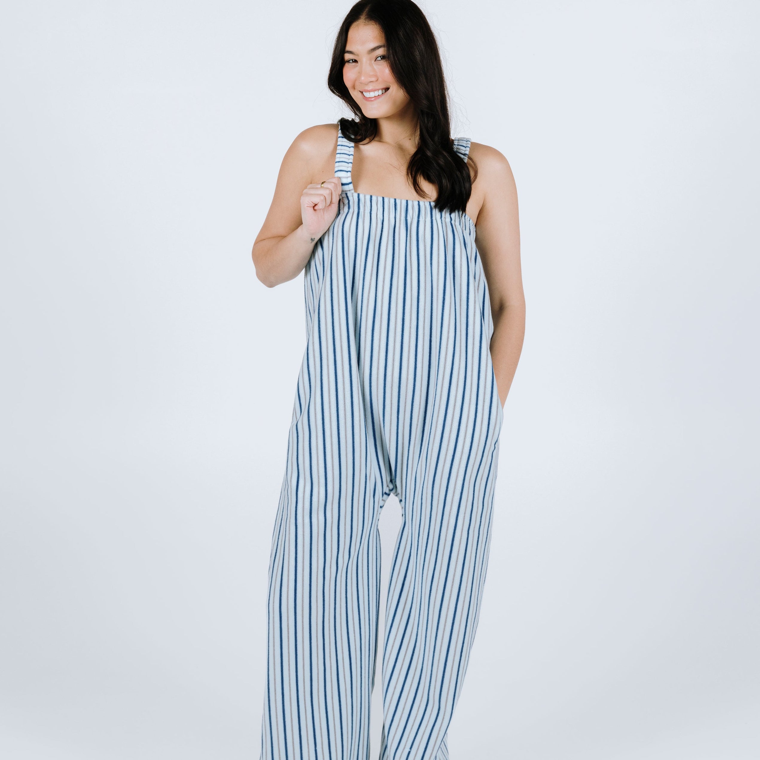 Sky blue striped long Ready Freddie fleece onesie