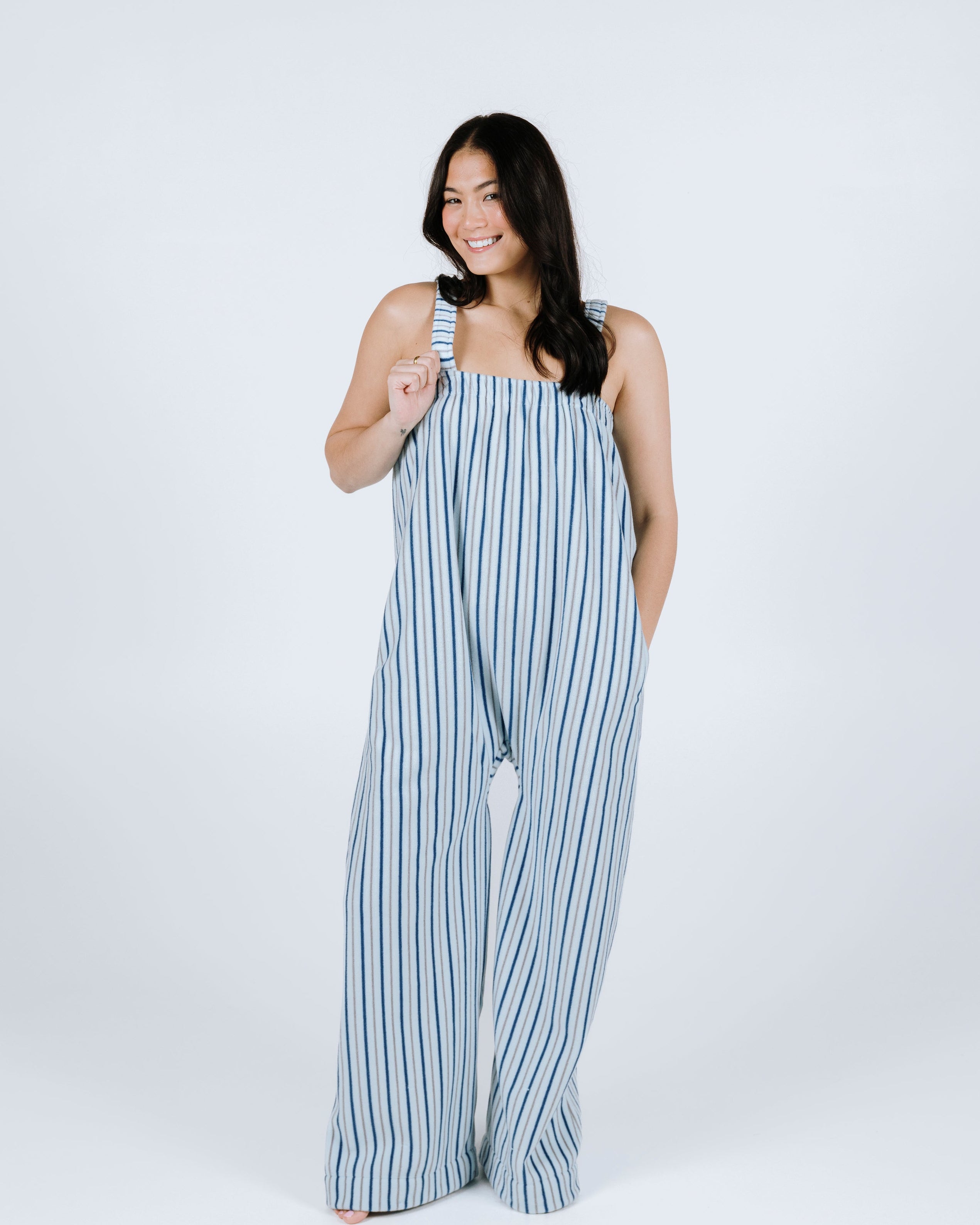 Sky blue striped long Ready Freddie fleece onesie