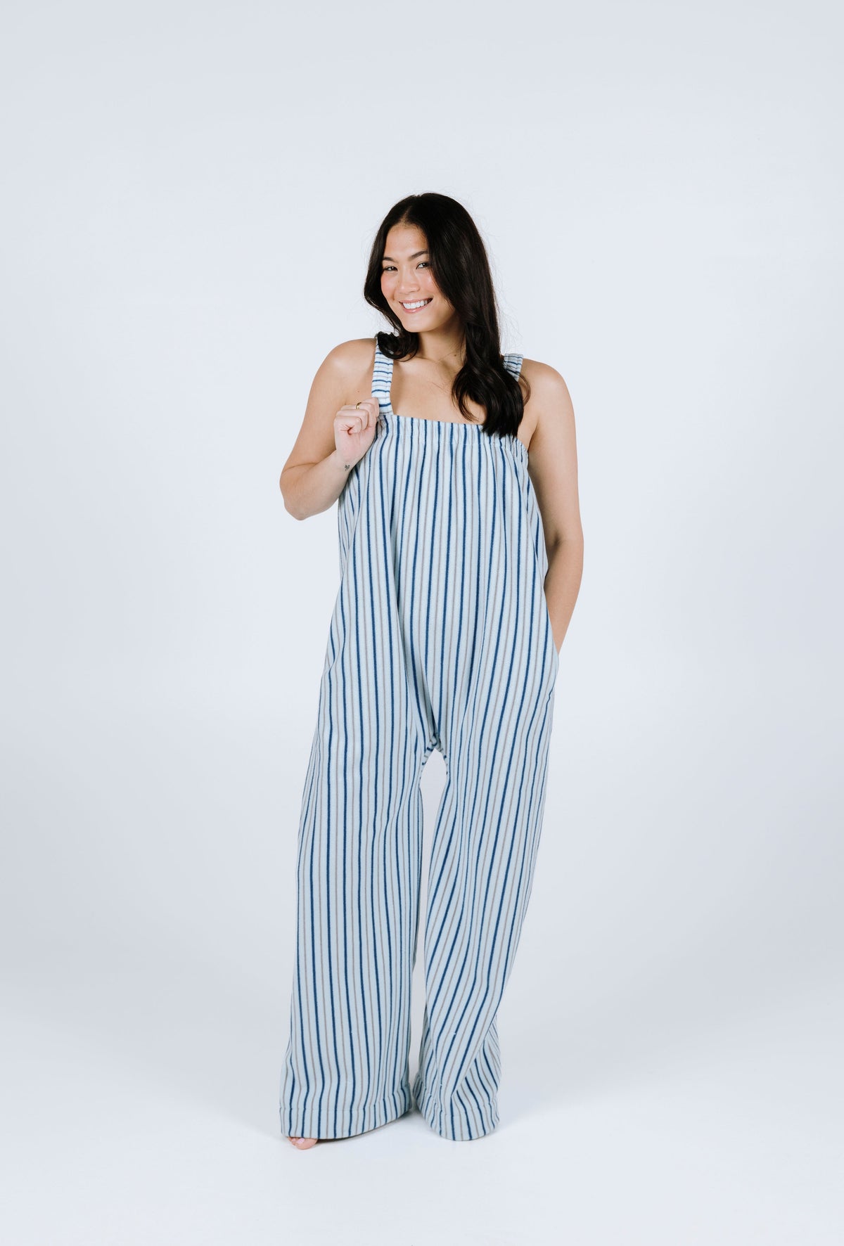 Sky blue striped long Ready Freddie fleece onesie