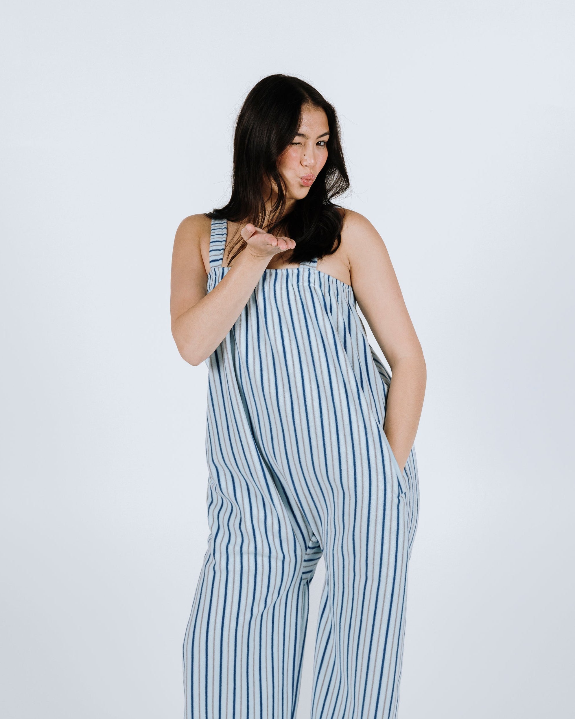Sky blue signature stripe long onesie in ultra soft polar fleece