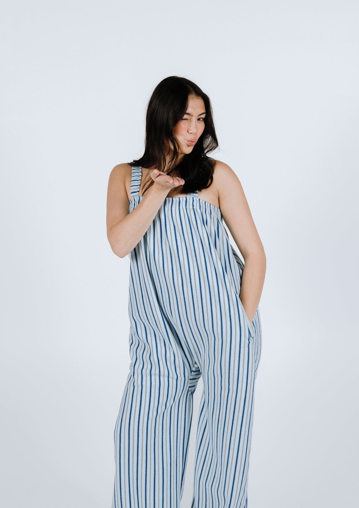 Sky blue signature stripe long onesie in ultra soft polar fleece