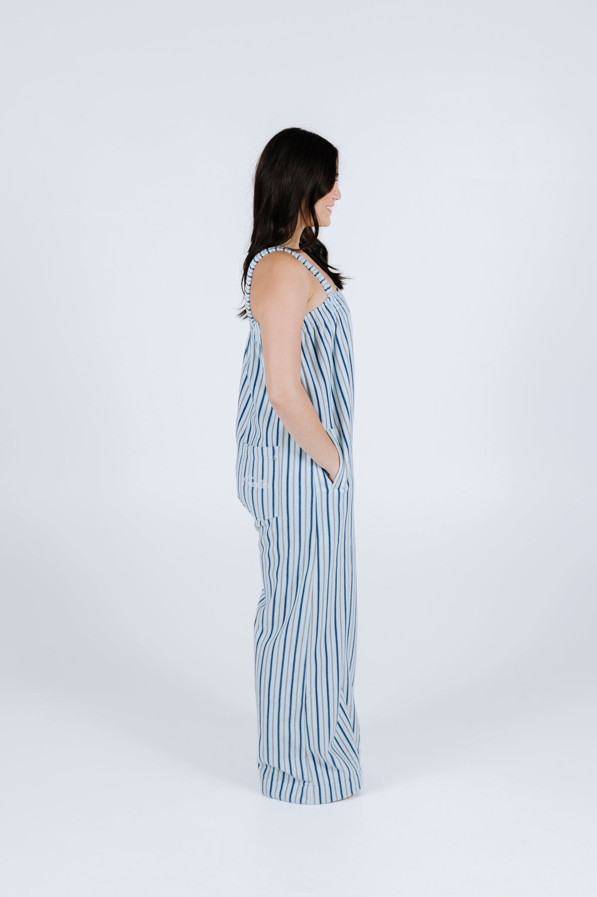 Sky blue striped long fleece onesie for getting ready