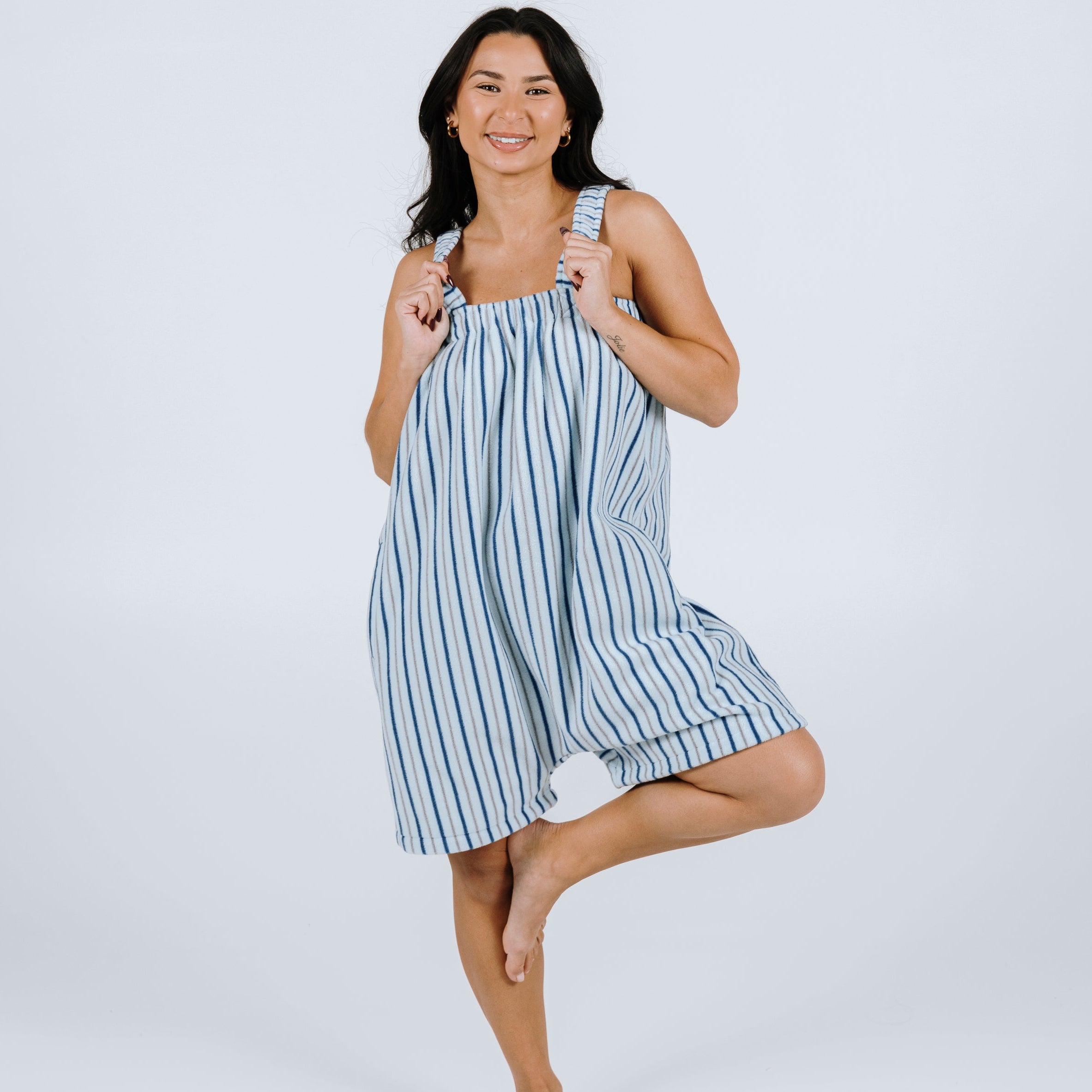 Sky blue striped short Ready Freddie fleece onesie
