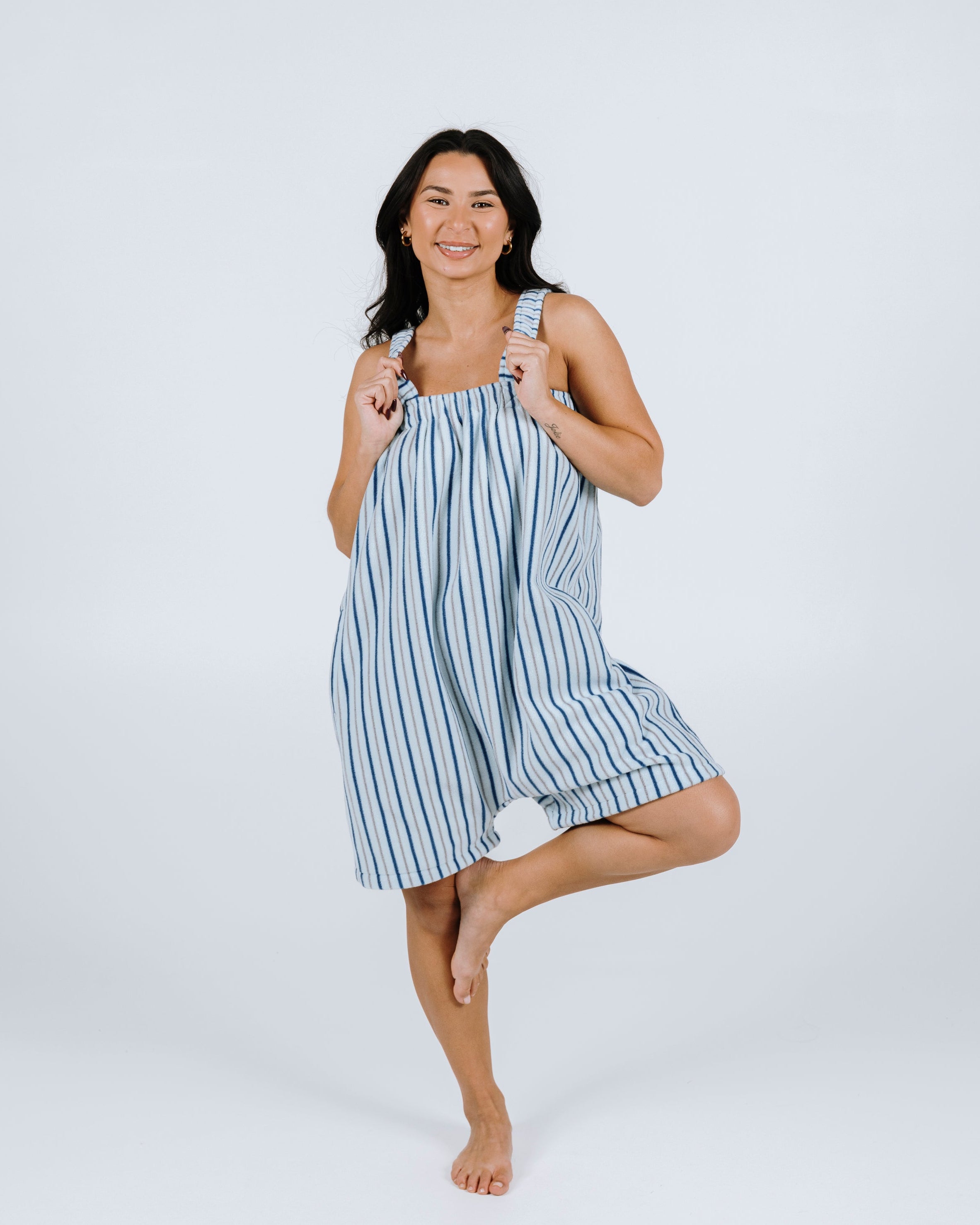 Sky blue striped short Ready Freddie fleece onesie
