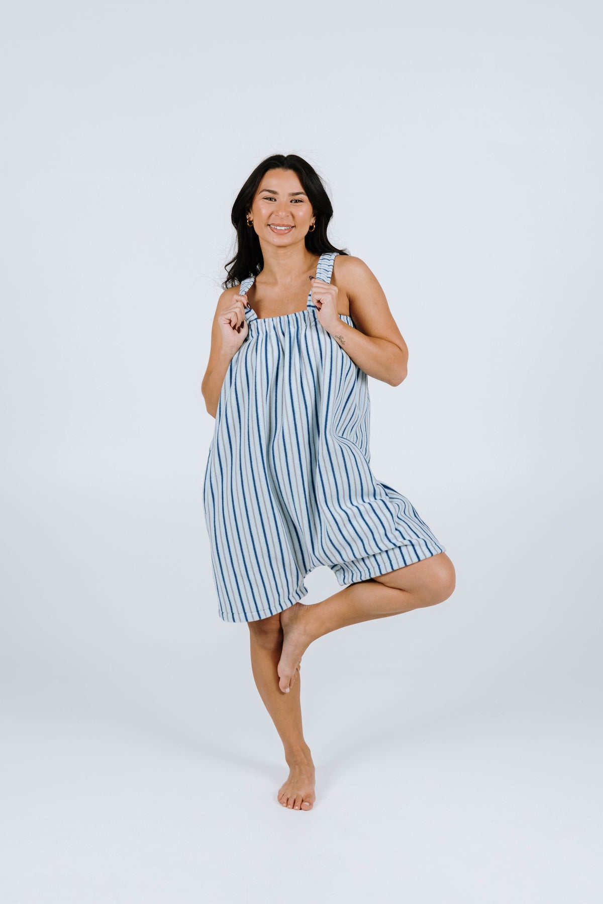 Sky blue striped short Ready Freddie fleece onesie