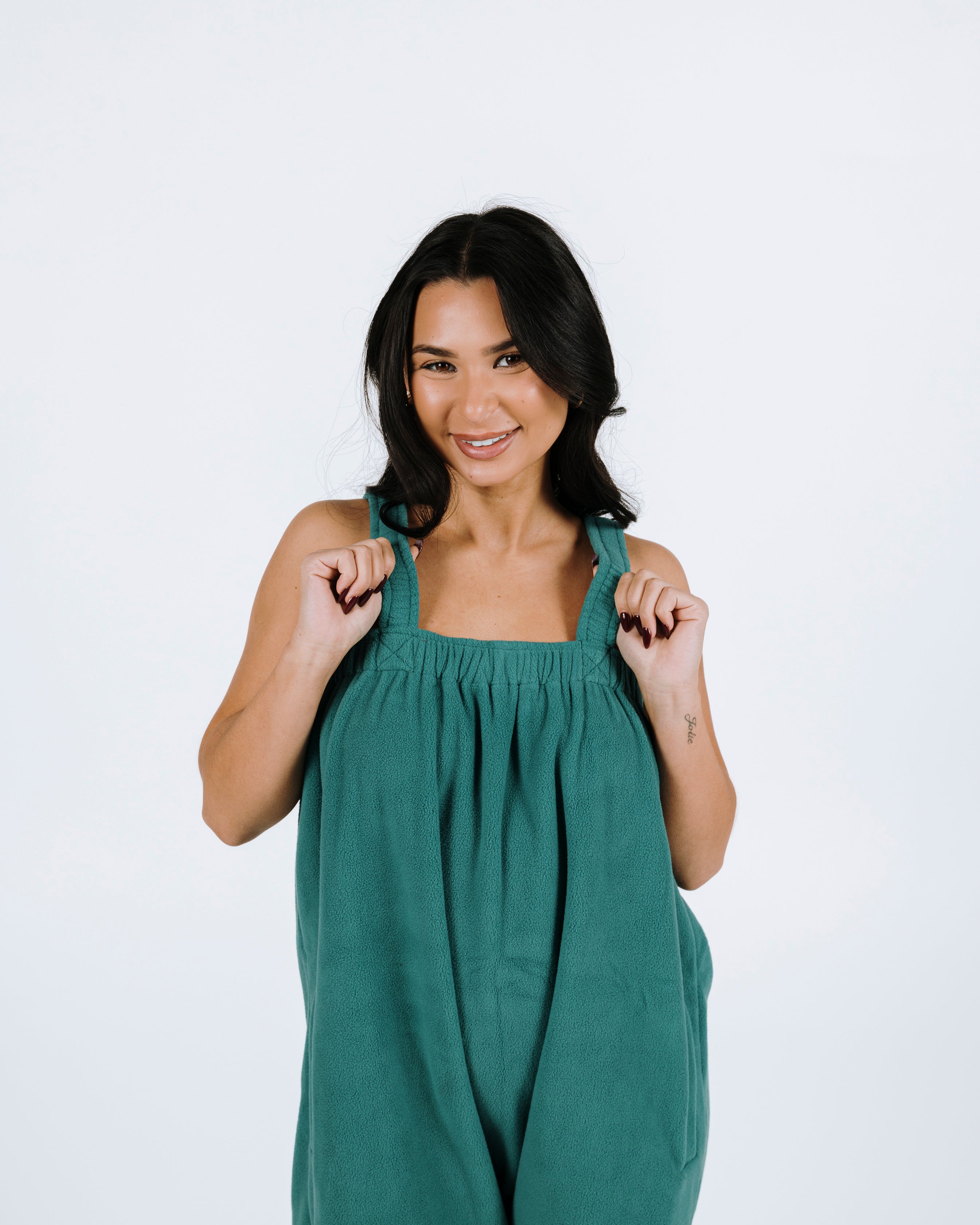 Teal green long onesie in 100% polyester polar fleece