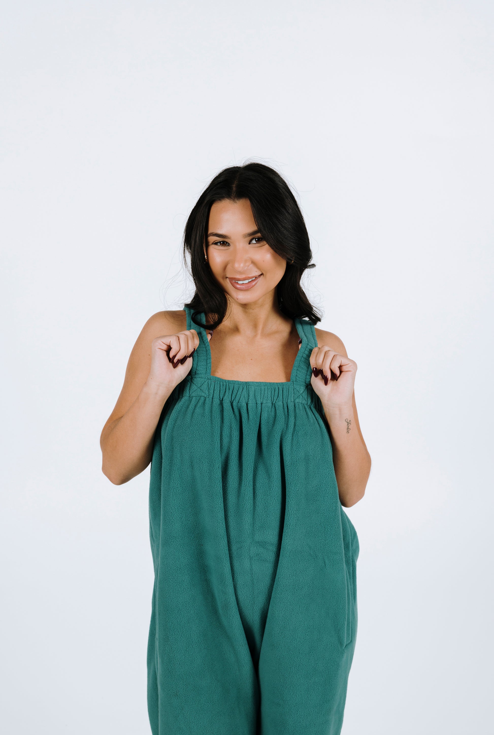 Teal green long onesie in 100% polyester polar fleece