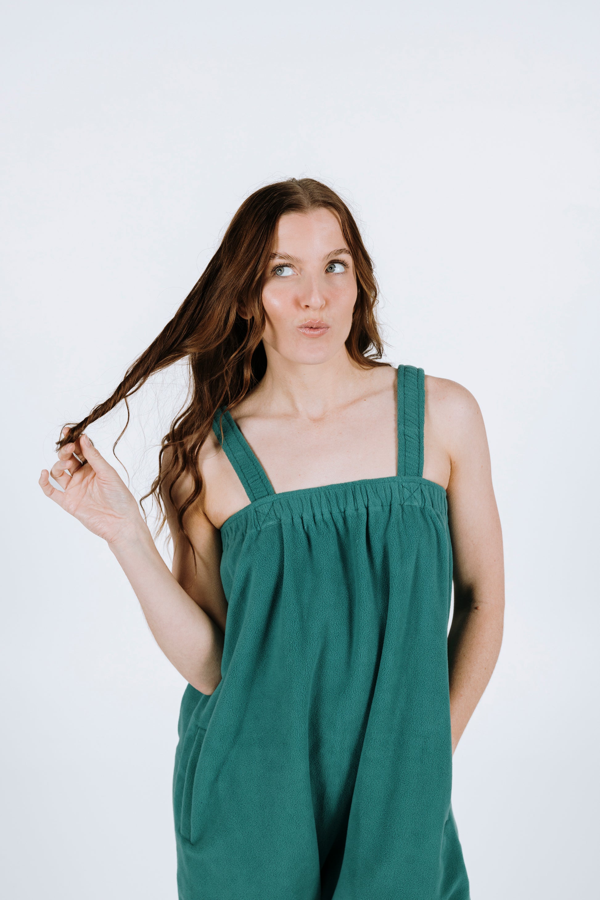 Teal green short onesie in 100% polyester polar fleece