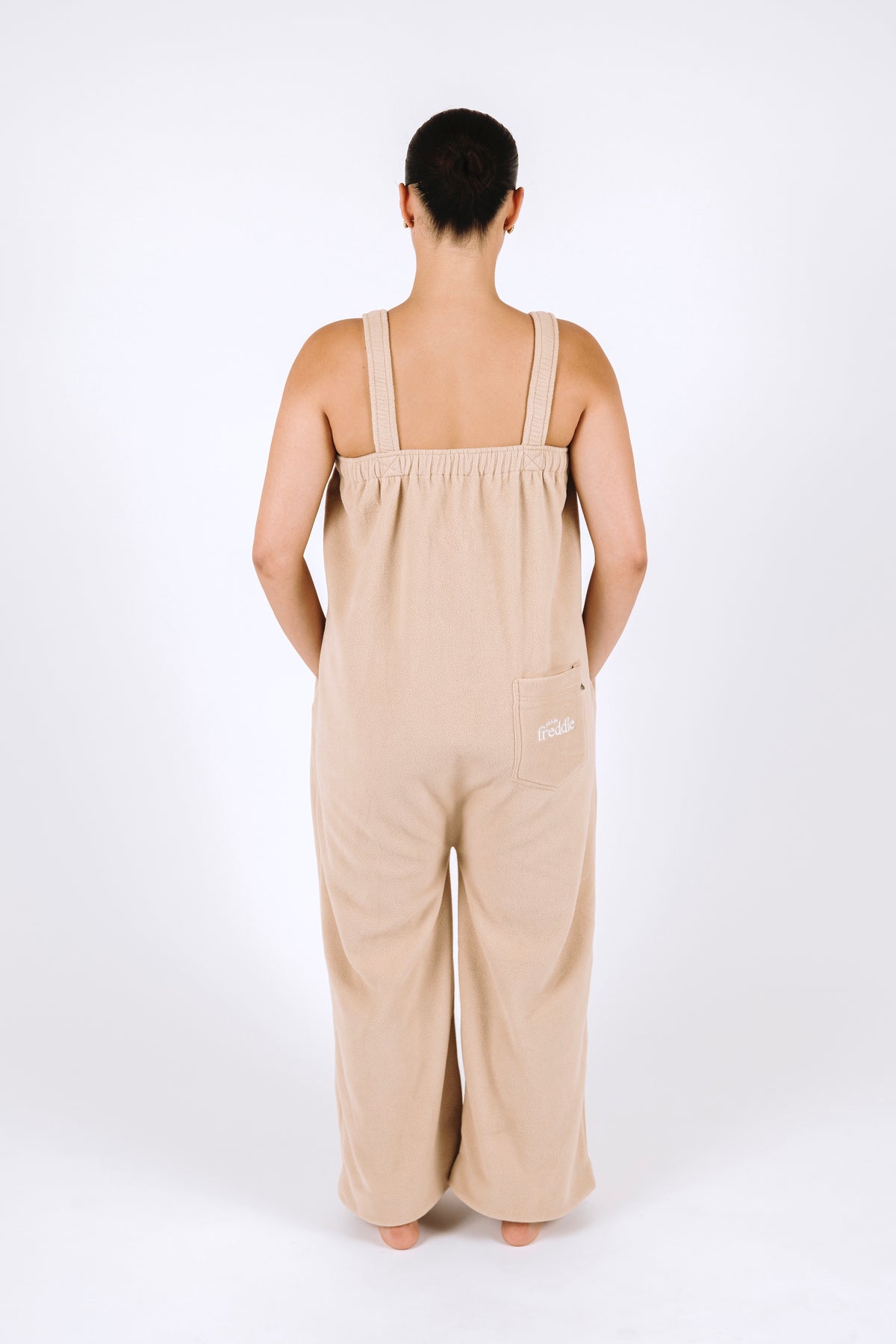 Beige long fleece onesie for getting ready
